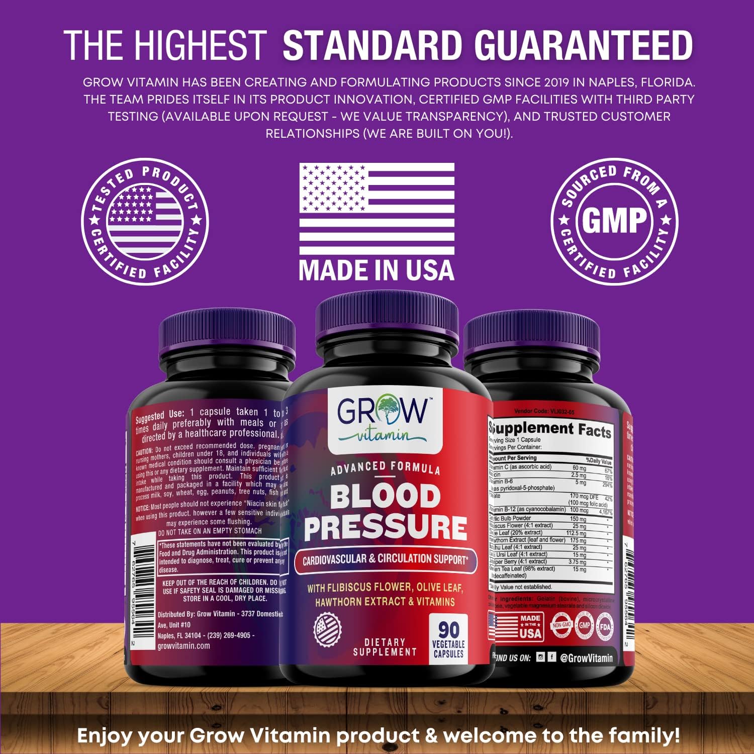 grow vitamin Blood Pressure Formula Support Supplement for Cardiovascular & Heart Health with Garlic, Hawthorn & Hibiscus - 90 Capsules