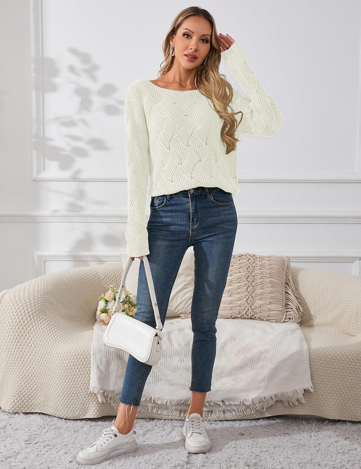 Womens Sexy Off The Shoulder Sweater Fall Winter 2025 Trendy Lightweight Cute Crochet Knit Color Block Pullover Top - Image 7