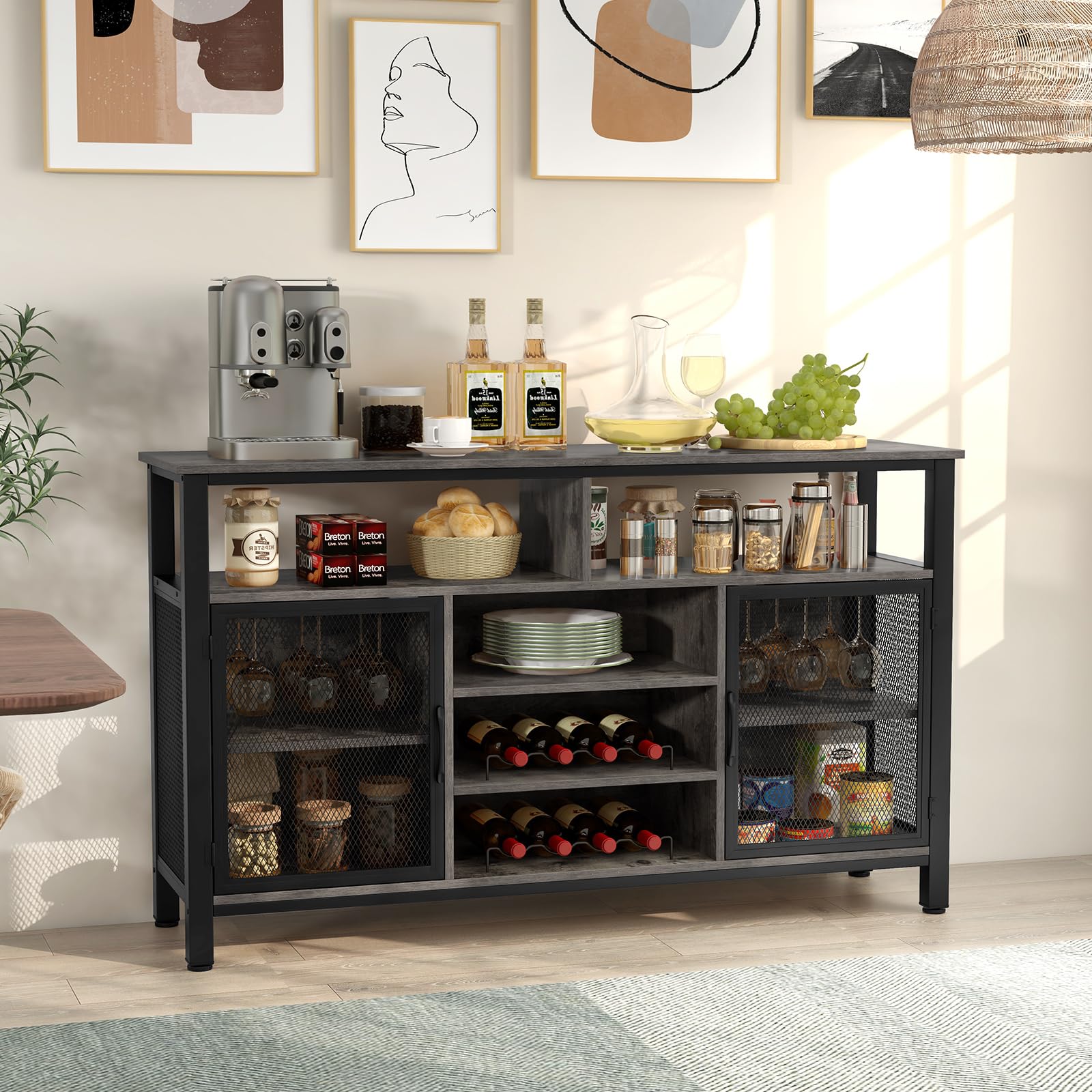 GIANTEX Credenza da Buffet, Mobilellto da Cucina con Portabottiglie e Portabicchieri, Porta TV per TV fino a 60" con 2 Armadietti con Anta, 3 Ripiani e 2 Scomparti Aperti, Nero/Grigio(Grigio)