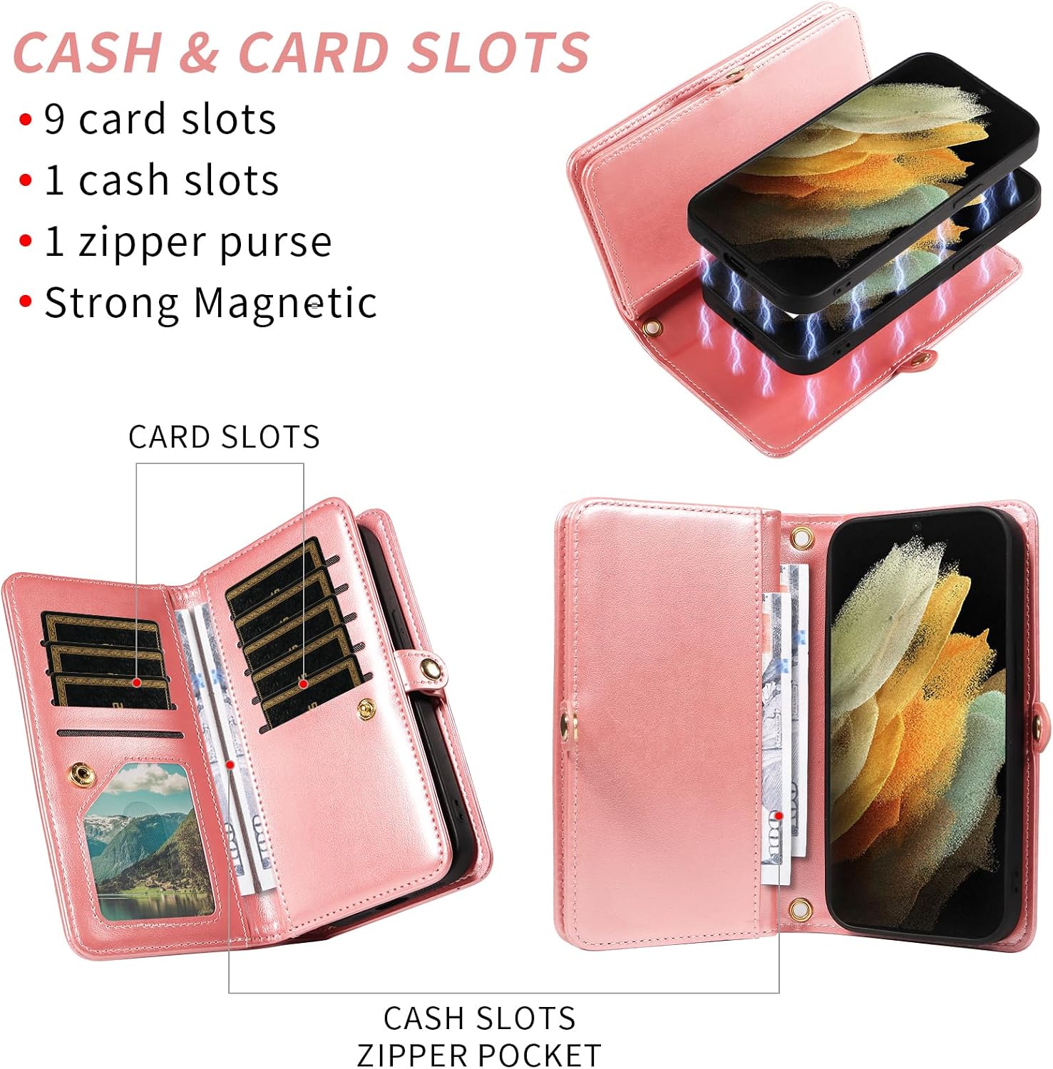 Asuwish Phone Case for Samsung Galaxy S21 Ultra 5G Zipper Wallet Detachable Cell Cover with Tempered Glass Screen Protector Strap Flower Credit Card Holder S21ultra 21S S 21 21ultra G5 Women Rose Gold
