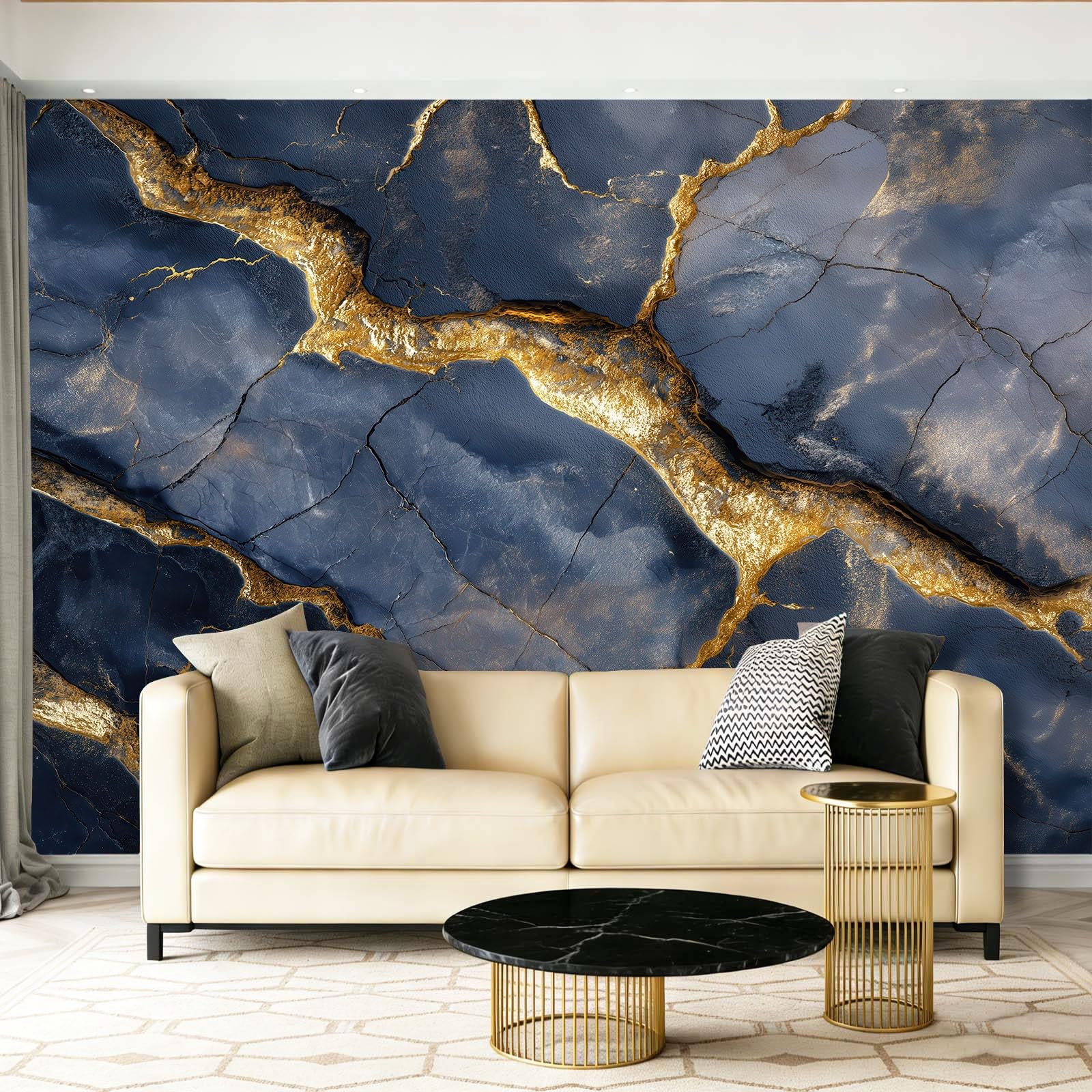 Papier peint panoramique marbre bleu marine intissé 250x175 cm