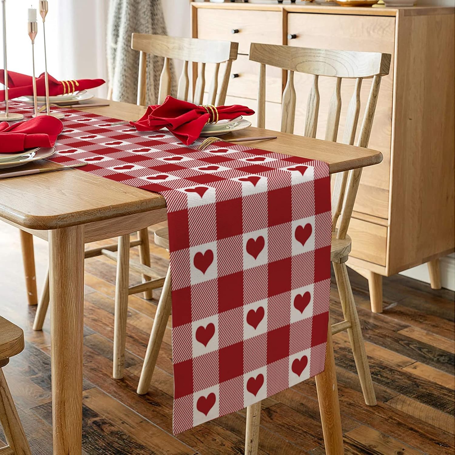 Linen Burlap Table Runner, Valentine's Day Red Plaid and Love Hearts Dresser Scarve, Non-Slip Farmhouse Table Runners for Wedding, Holiday Parties, Kitchen, Dining Room Decoration 18"x72"