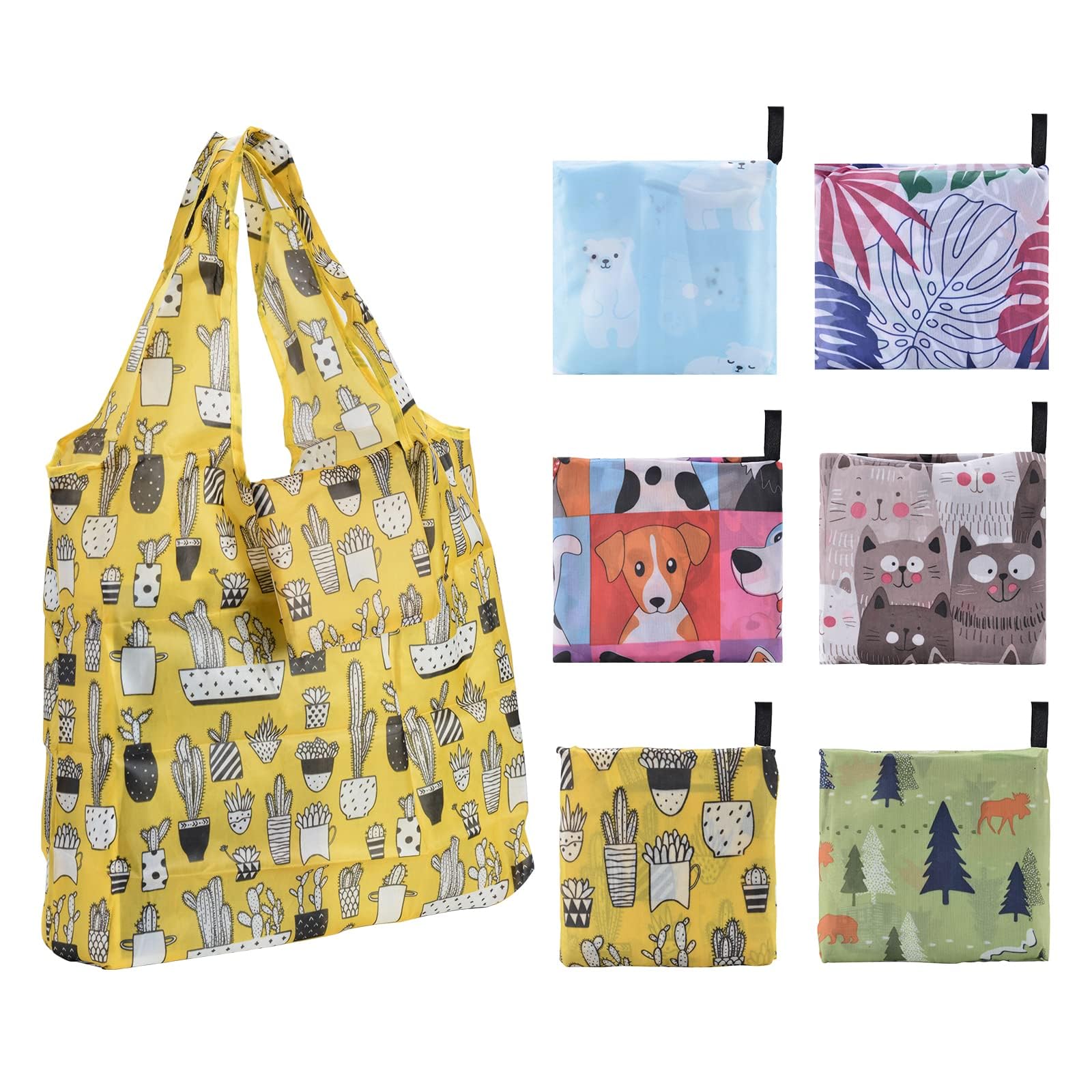 NALACAL Reusable Shopping Bags, 6 Pcs Foldable Grocery Bags, Waterproof Ripstop Fabric Tote Bags, Cute Shopper Bags Large Machine Washable Durable, Waterproof & Lightweight