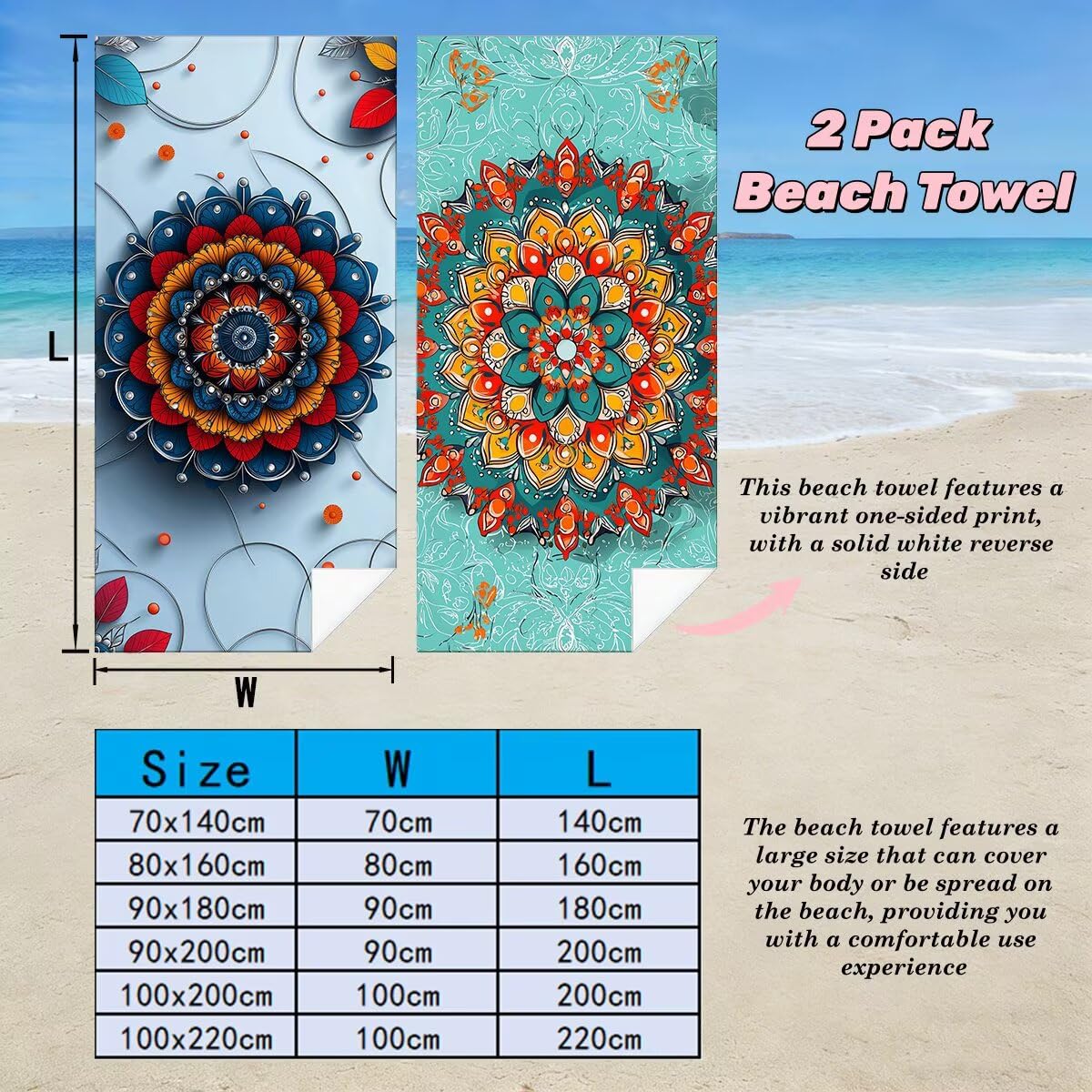 Toalla Playa 100x200 cm, Toalla Gimnasio Microfibra Secado Rapido, Juego de 2 Antiarena Toallas de Playa, Ligera Compacta Toallas Microfibra Grande para Viaje, Regalo Hombre Mujer (Mandala) -5081
