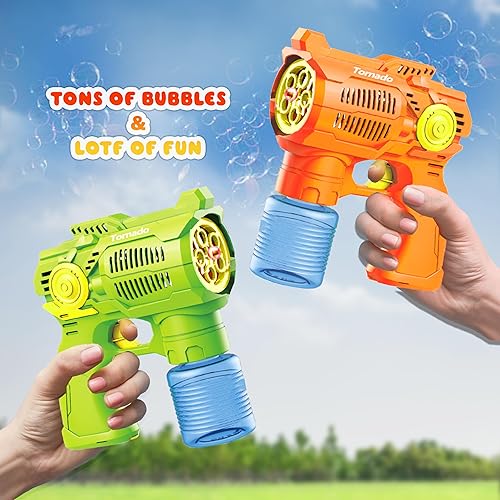 Miniatura 7 de Juego de dos pistolas de disparo de burbujas verde y azul 2 botellas de solución de repuesto de burbujas y baterías incluidas