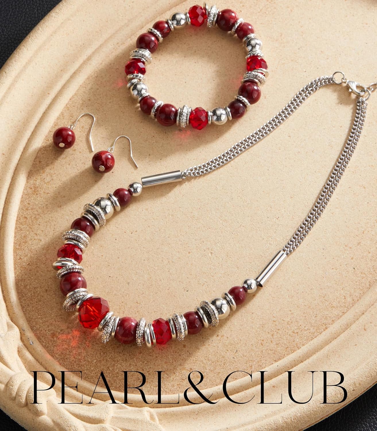 PEARL&CLUB Silver Beaded Statement Necklaces for Women Chunky Bead Necklace Bracelet and Earring Costume Jewelry Sets Gifts for Mom - Image 2