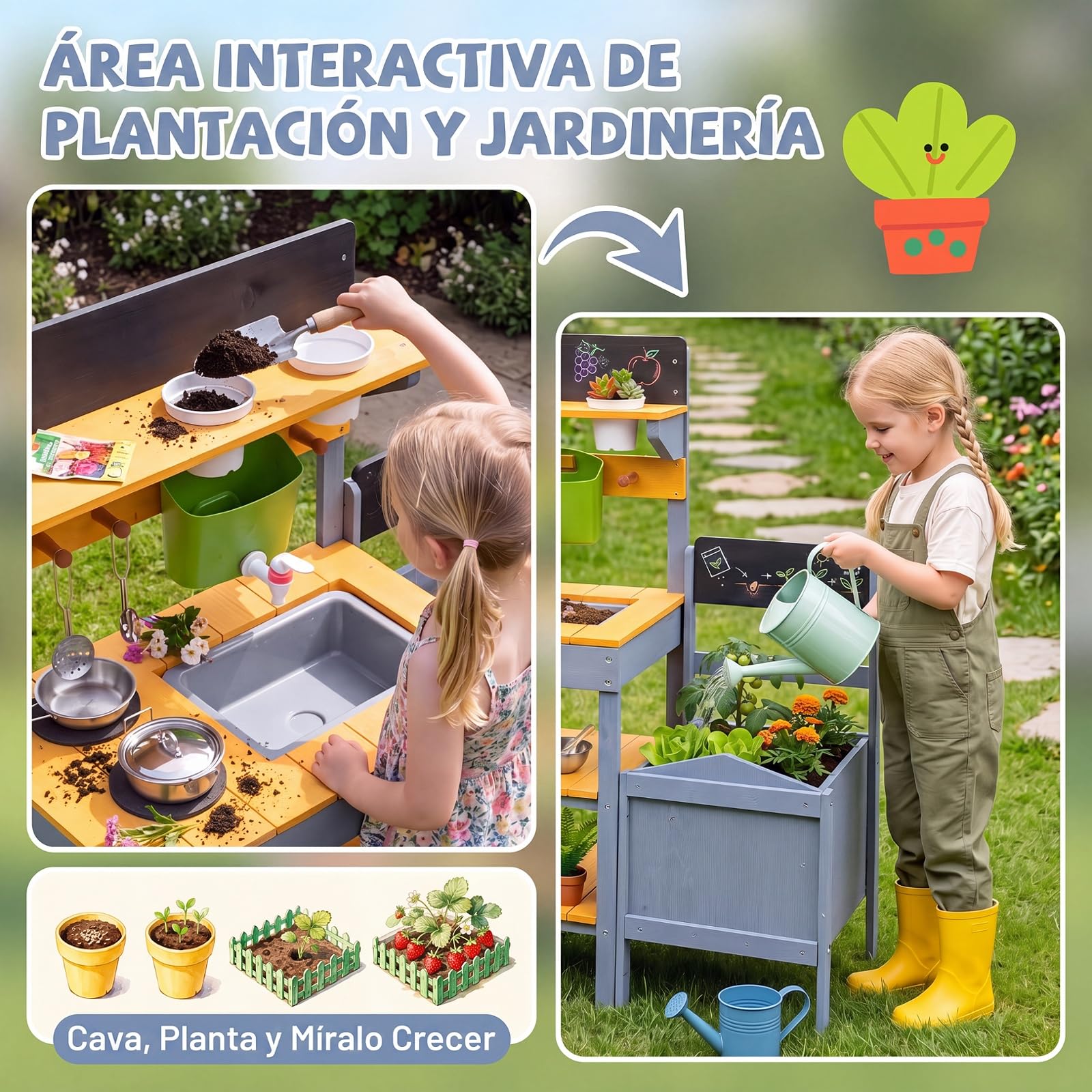 COSTWAY Cocina de Barro Exterior para Niños, Cocinita de Madera Infantil | con Jardinería, Estantes, Pizarras, Fregadero, Depósito de Agua, Macetas, Sartén, Juego de Rol para 3+ Años