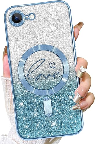 Fiyart Designed for iPhone 16e Case,Compatible with MagSafe Love Heart Plating Camera Protection Magnetic Glitter TPU Shockproof Phone Bumper for Women Girls 6.1"-Blue