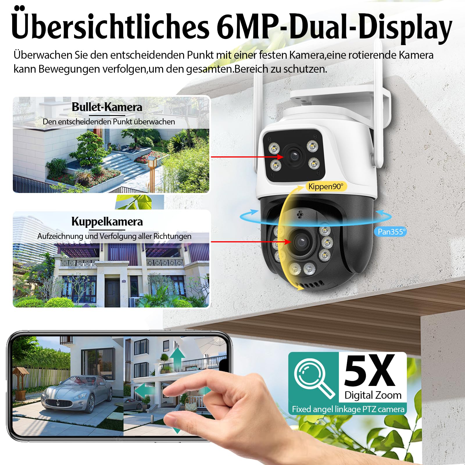 KERUI Zewnętrzna kamera monitoringowa WLAN z podwójnym obiektywem, kamera 6 MP PTZ IP monitoring wewnątrz z 2,4/5 GHz obracana o 360° kamera WiFi, 2-drożne audio, noktowizor, IP66, pamięć w chmurze 24