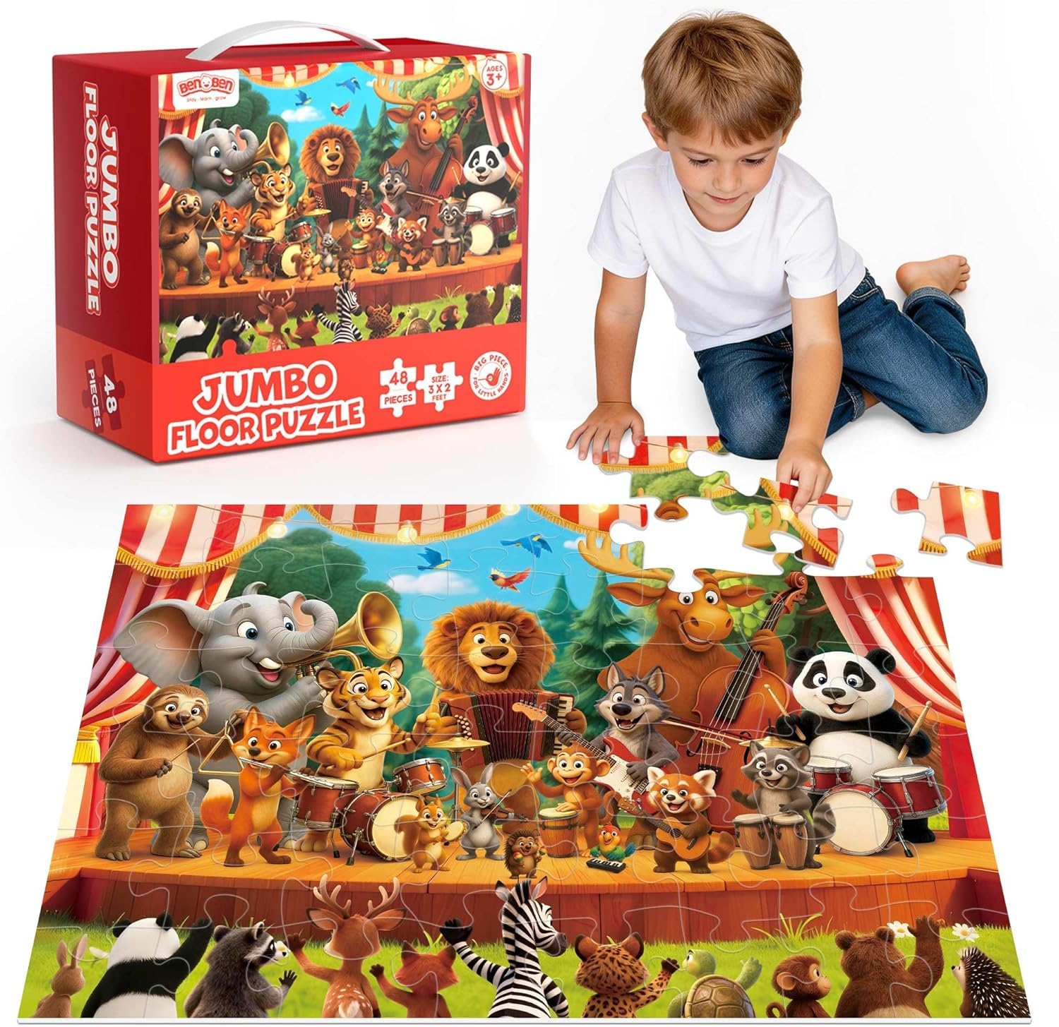 BenBen Grande puzzle da pavimento a partire dai 3 4 anni, puzzle XXL per bambini, 48 pezzi, 90 x 60 cm, regalo per ragazzi e ragazze, concerti di animali