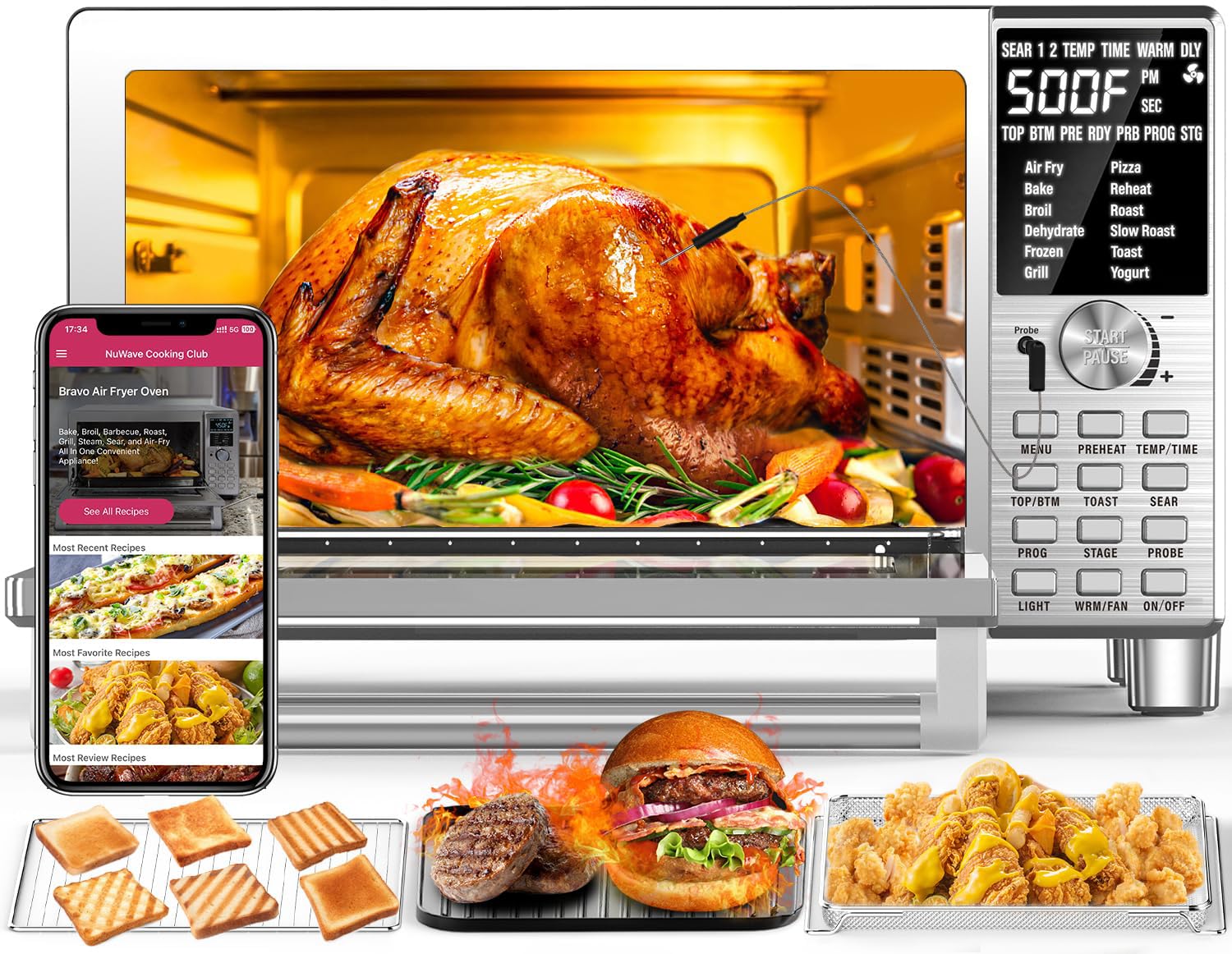 Nuwave Bravo XL Air Fryer Toaster Smart Oven, 12-in-1 Countertop Grill/Griddle Combo, 30-Qt XL Capacity, 50F-500F adjustable in precise 5F increments, Integrated Smart Thermometer, Linear T Technology, Silver, 30 Qt