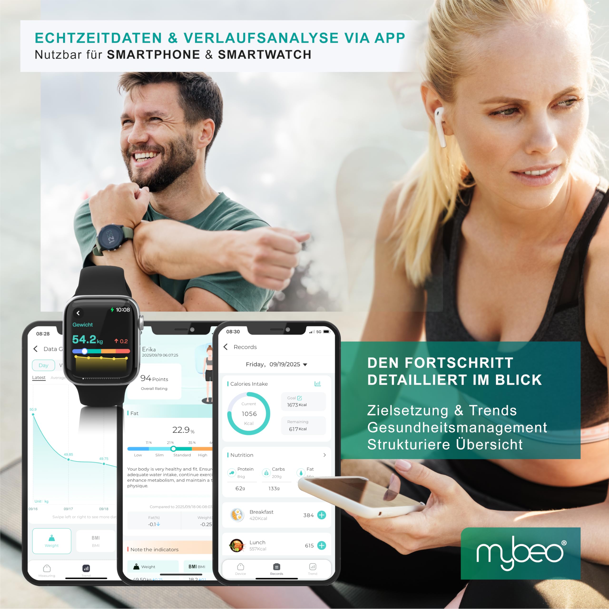 Mybeo - Körperfettwaage mit Handsensoren - mit App - Digitale Bluetooth Körperwaage - Personenwaage Multifunktionswaage - Digitale Anzeige – Handgriff für präzise Ergebnisse - mit Körperfettanalyse