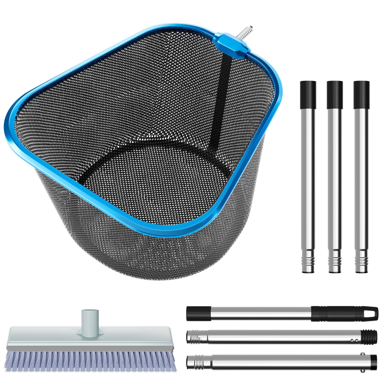 CLOPAE 70 Inches Pool Cleaning Kit, Pool Skimmer Net, Aluminum Frame, with 1.5M Long Stainless Steel Pole and Pool Brush, Professional Swimming Pool Net for Pool, Spa, Ponds, Hot Tubs