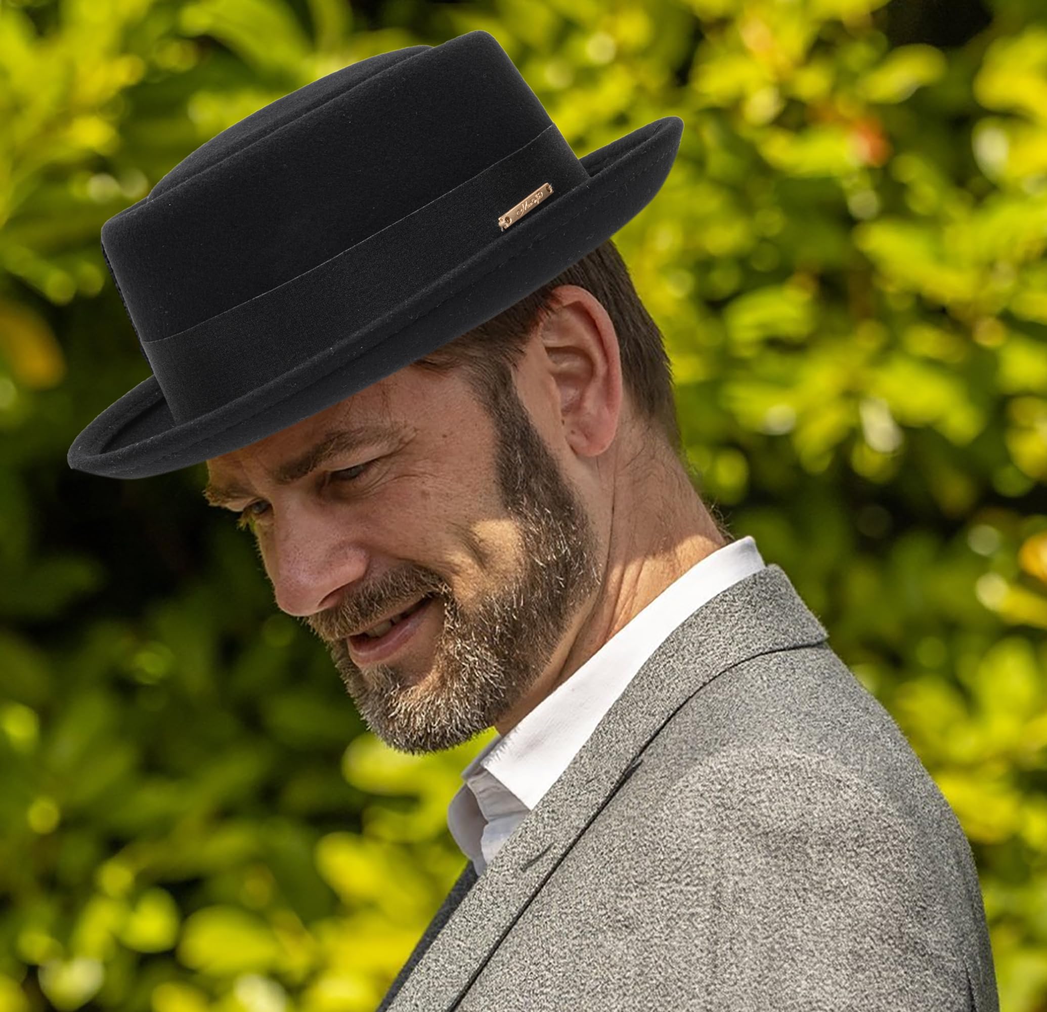 Sombrero de Porkpie Plano para Hombre, Sombrero de Lana Negra con Banda (S-M), Negro con Banda, M