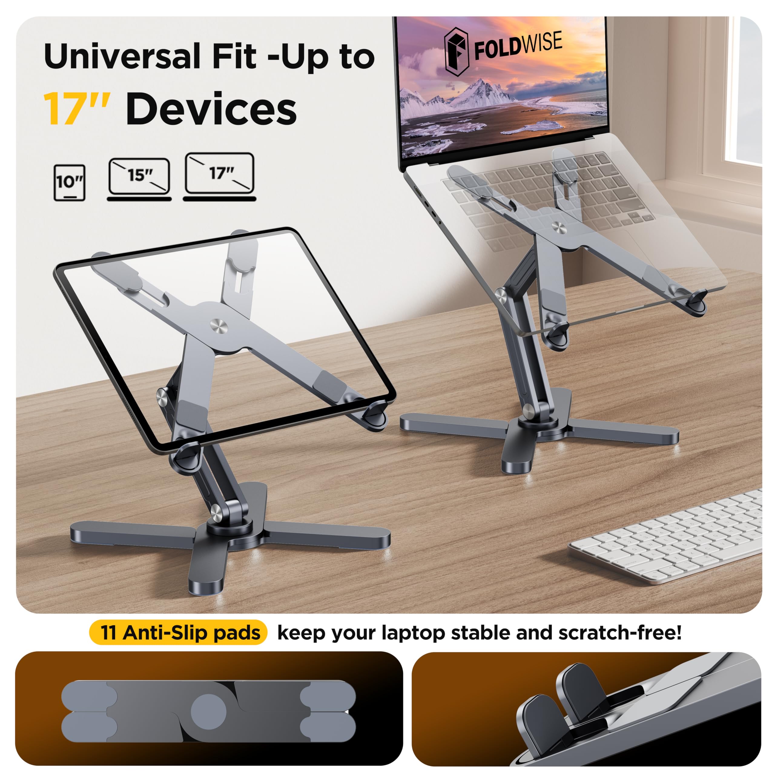 FoldWise X Laptop-Ständer für Schreibtisch – Aluminium, 360° drehbar, klappbar, höhen- & winkelverstellbar – Stabiler & tragbarer Laptop-Riser, MacBook-Ständer & Computerhalter für 11-18 Zoll