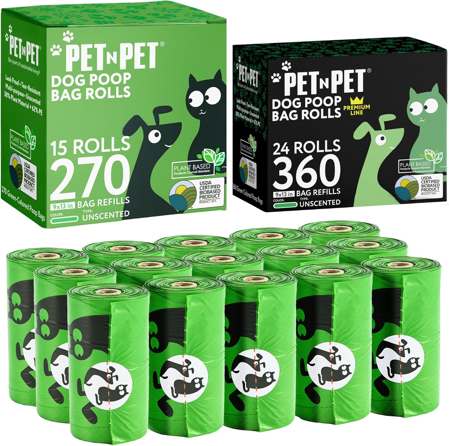 Pet N Pet 360 Counts, Unscented Dog Poop Bags Rolls, 38% Plant Based & 62% PE + 270 Counts Dog Poop Bags Rolls, Unscented Dog Bags
