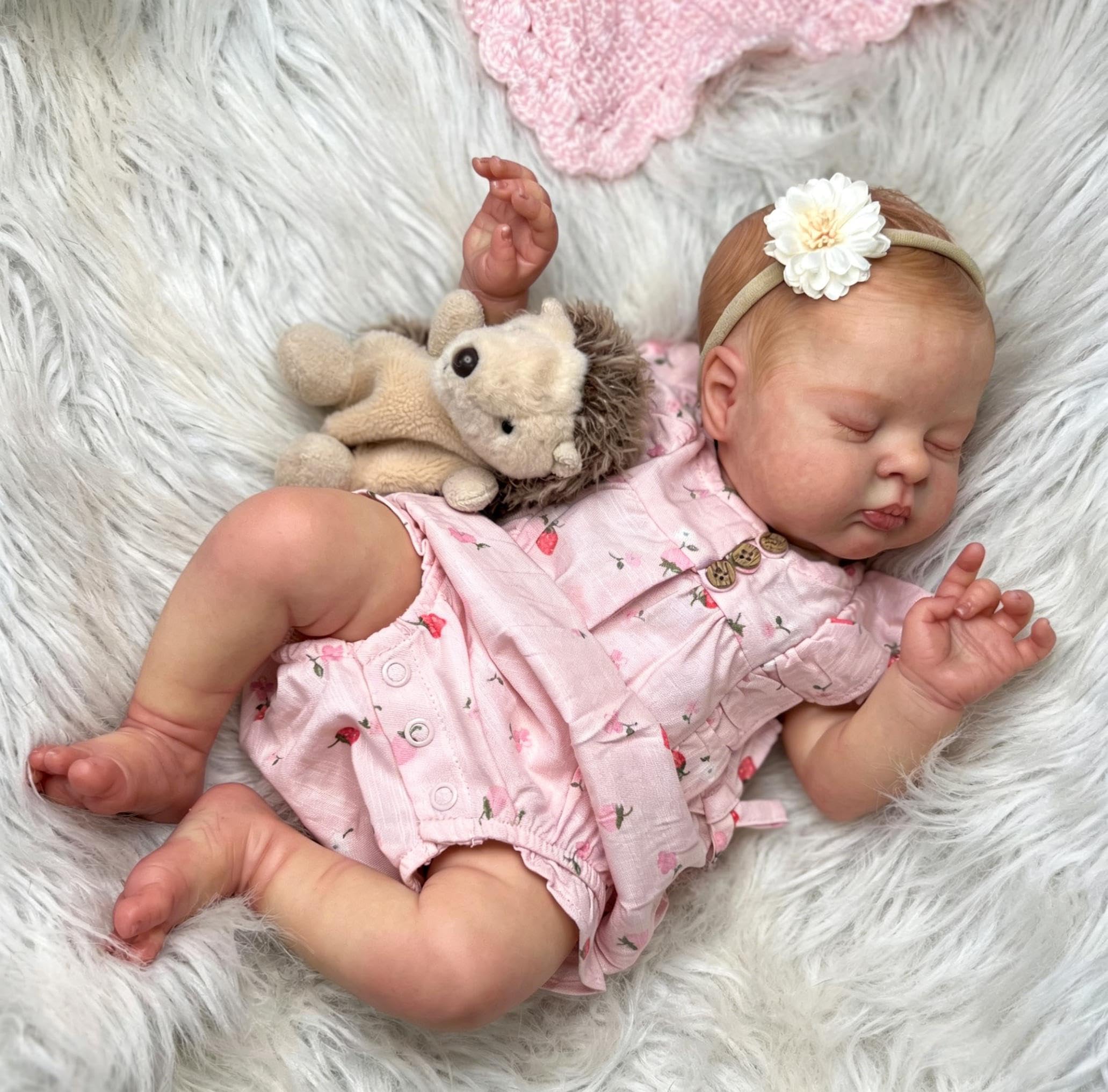 RXDOLL Reborn Puppen Lebensecht Mädchen, 48cm Schlafende Neugeborenen Babypuppe Weicher Stoffkörper, Lebensechte Babypuppen Wie Echt Silikonbabys Mädchen Geschenk für Kinder 3+