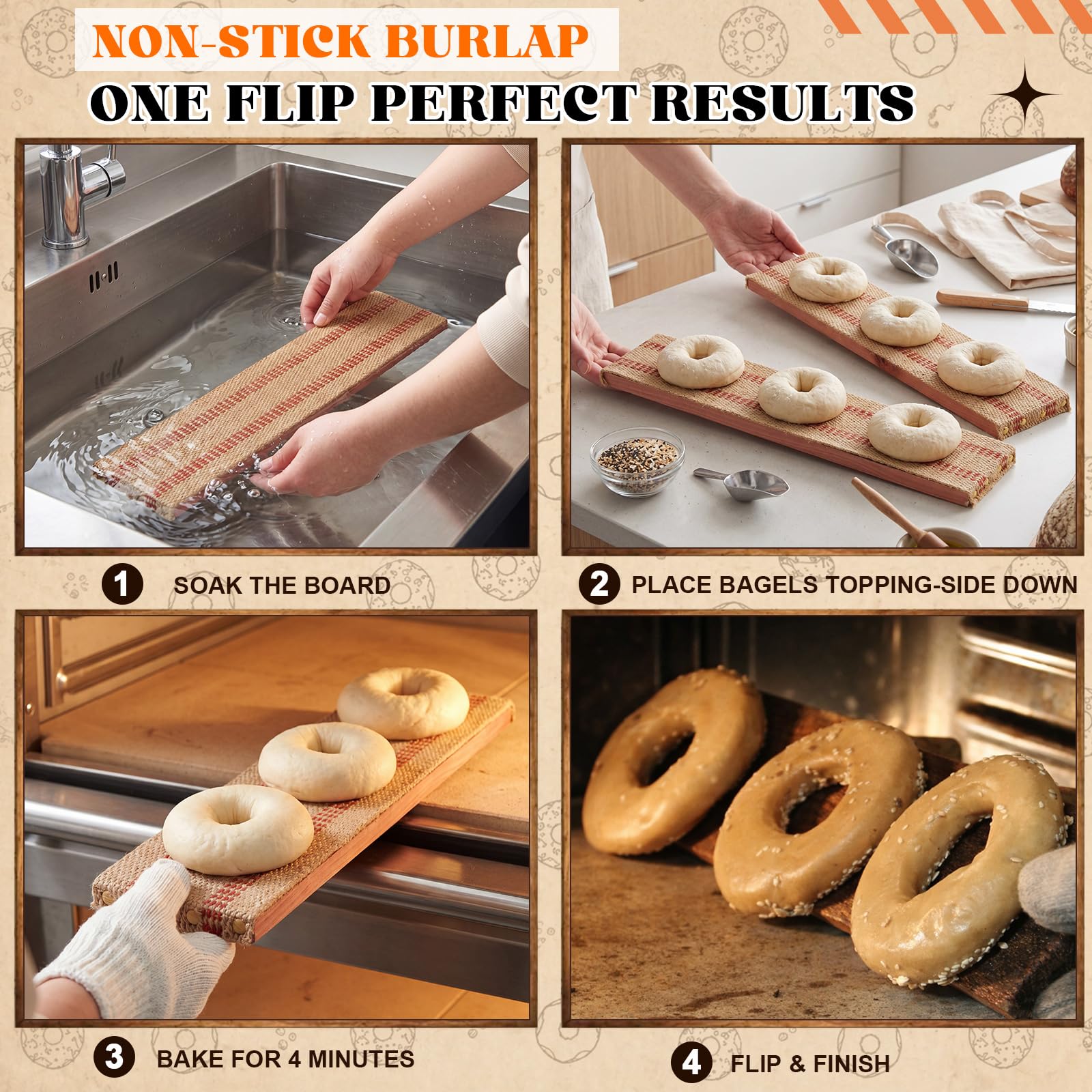 Sliner 3 vassoi da forno in legno di pino cedro con iuta essenziale, per tostatura di bagel, 40 x 9 x 2 cm, ideali per tostare una bella crosta di bagel, idea regalo