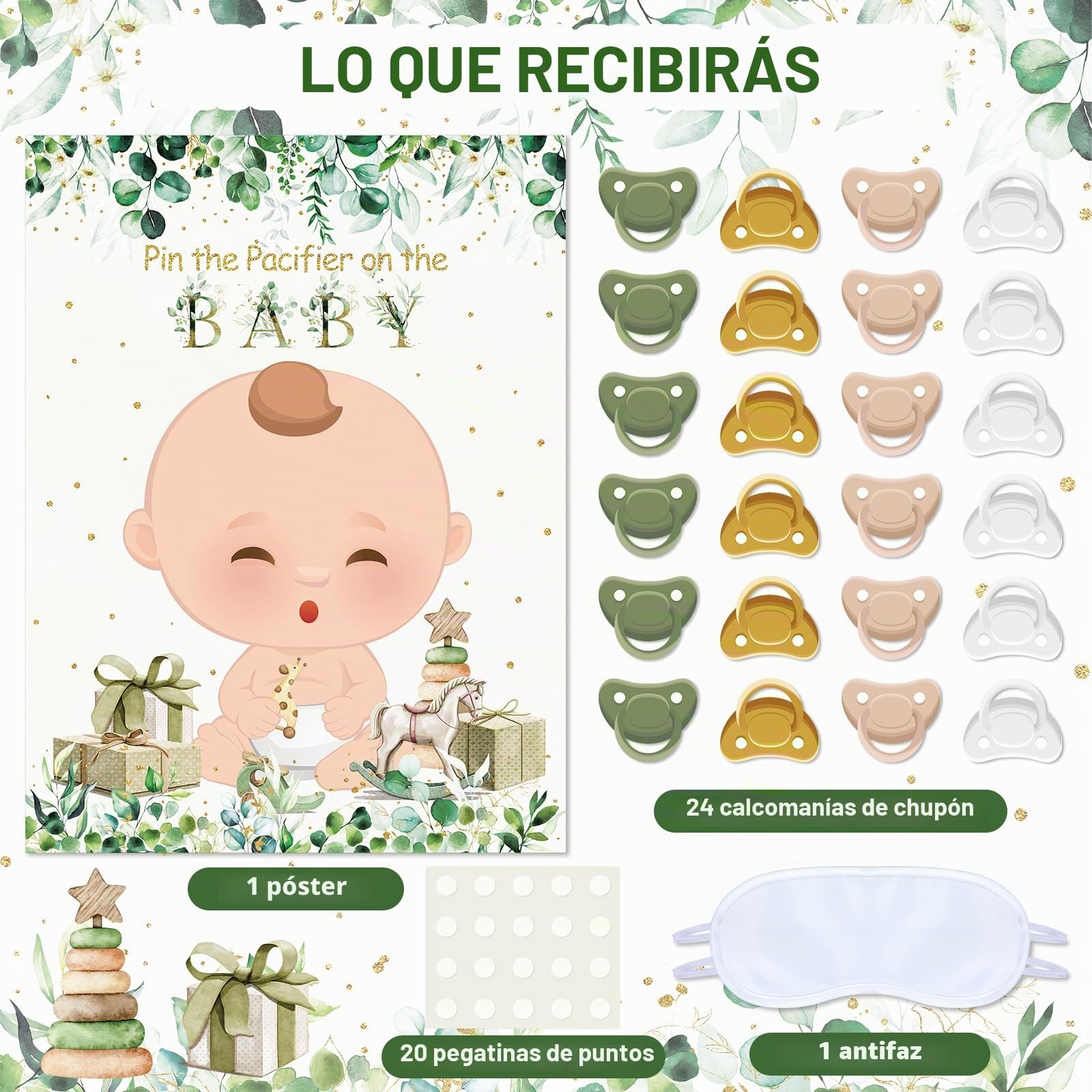 Sinmoe Juegos de Fiesta Pin the Pacifier on the Baby Decoración de Baby Shower de Verde Salvia Set de Carteles Ponle el Chupete al Bebé con 24 Pegatinas de Chupete Venda de Ojos para Cumpleaños Niños
