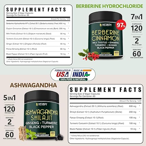 Miniatura 4 de Paquete de berberina HCl 7 en 1 y Ashwagandha Shilajit 5 en 1 mejora la salud inmunológica, la salud digestiva, la relajación y la salud del corazón