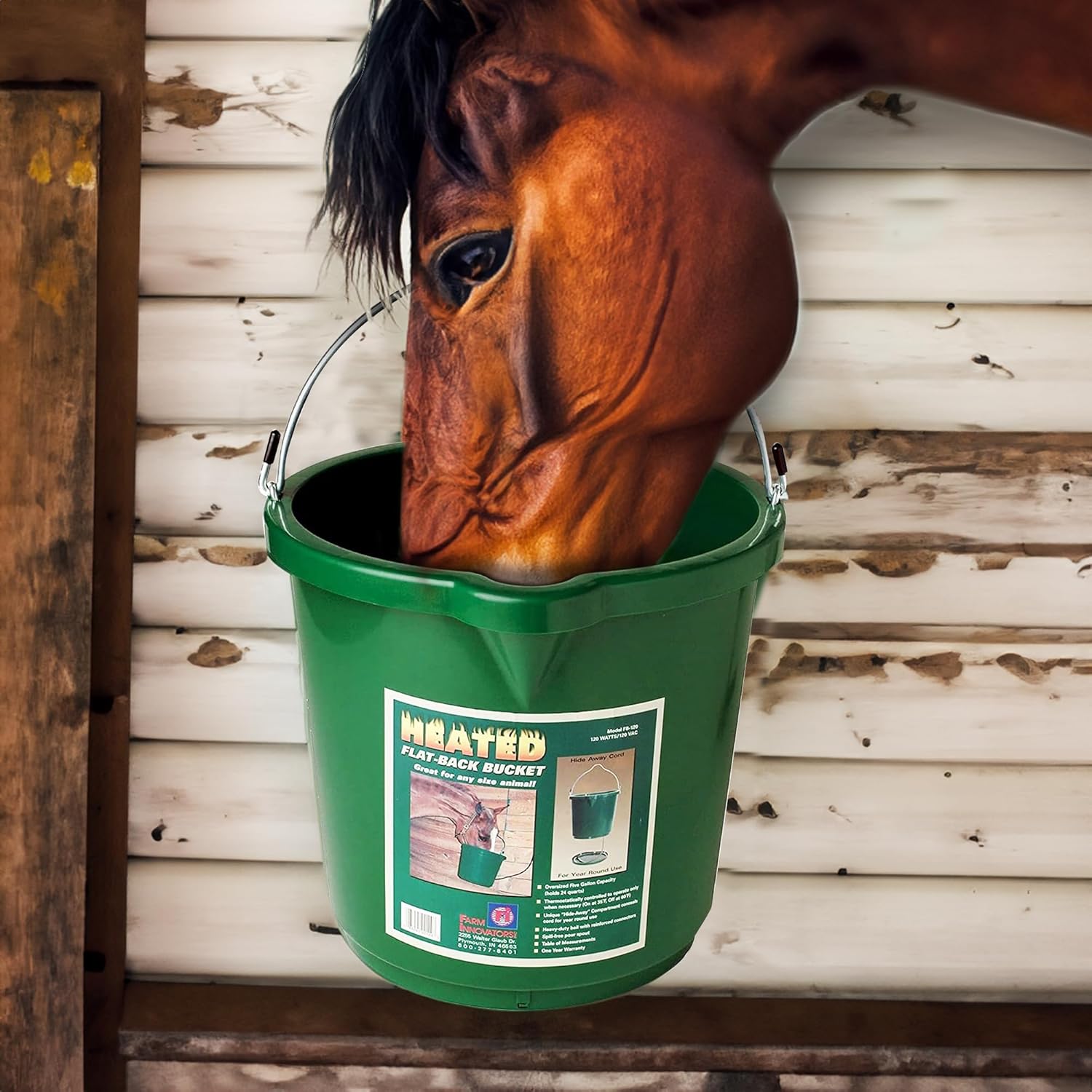 Farm Innovators Heated Water Bucket, 120W Heating Power - Flat Back 5 Gallon Plastic Bucket with Cord Storage for Livestock Watering & Feeding