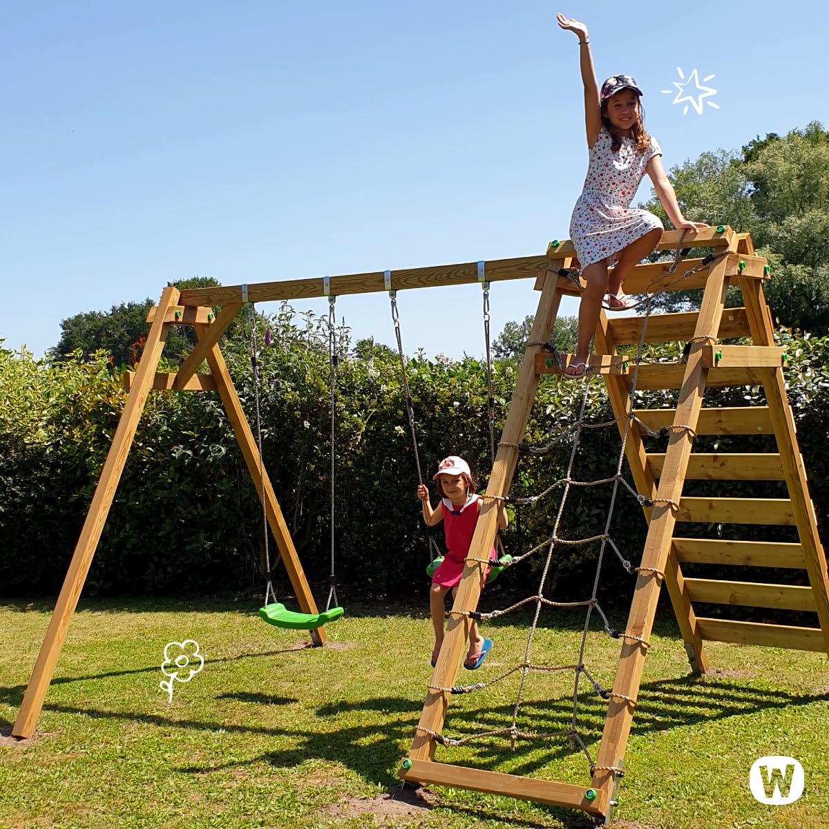 Kinderschaukel, Schaukelgestell, Schaukel, Schaukelgerüst, Doppelschaukel, Holzschaukel mit Kletteranbau für Kinder im Garten mit 2 Schaukelsitzen - Wickey Smart Cliff