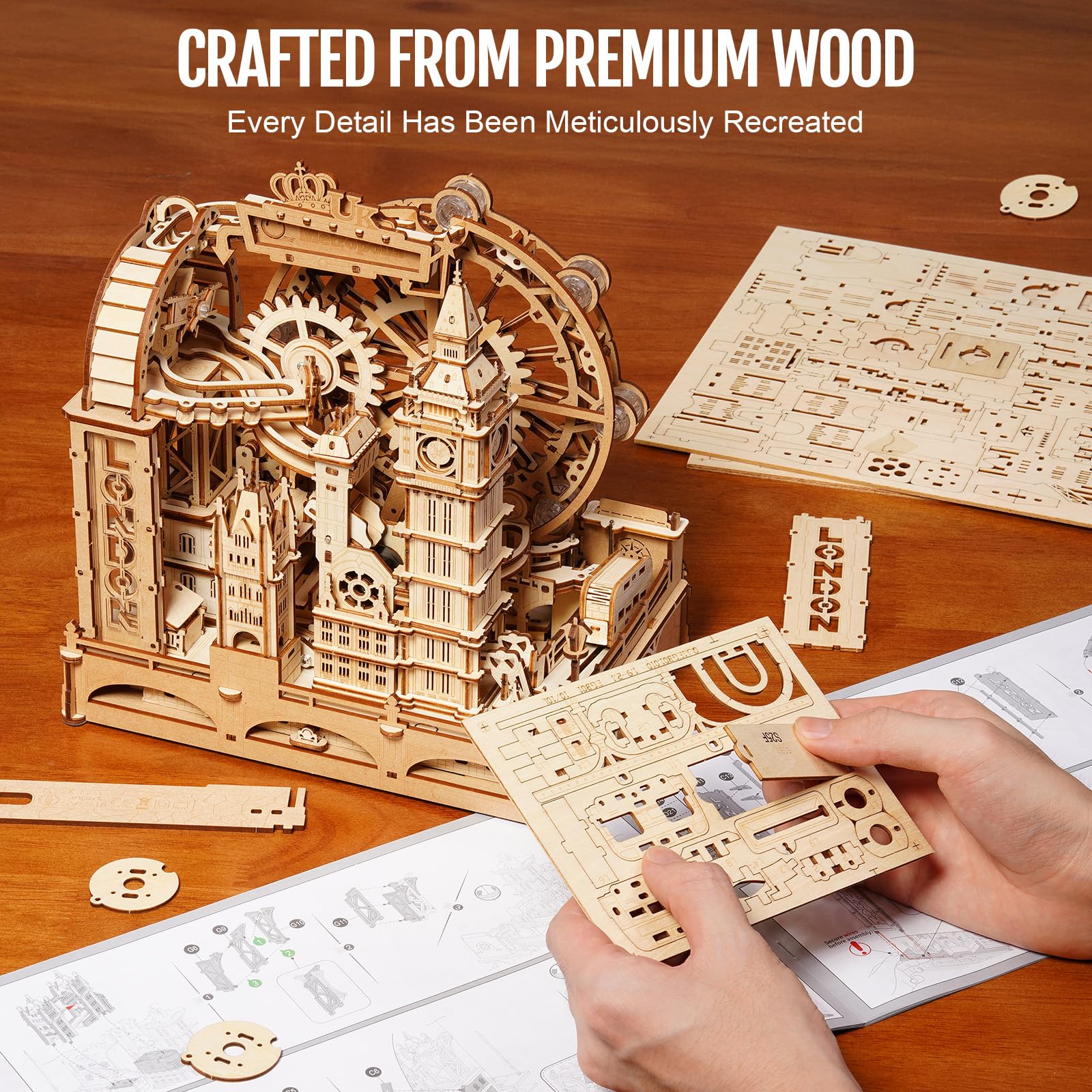 ROKR Marble Travel London EGB01 3D drewniane puzzle dla dorosłych zestaw modelu z kulkami z diodami LED London Eye Big Ben Tower Bridge zestawy rzemieślnicze dekoracja domu i biurka prezenty-puzzle