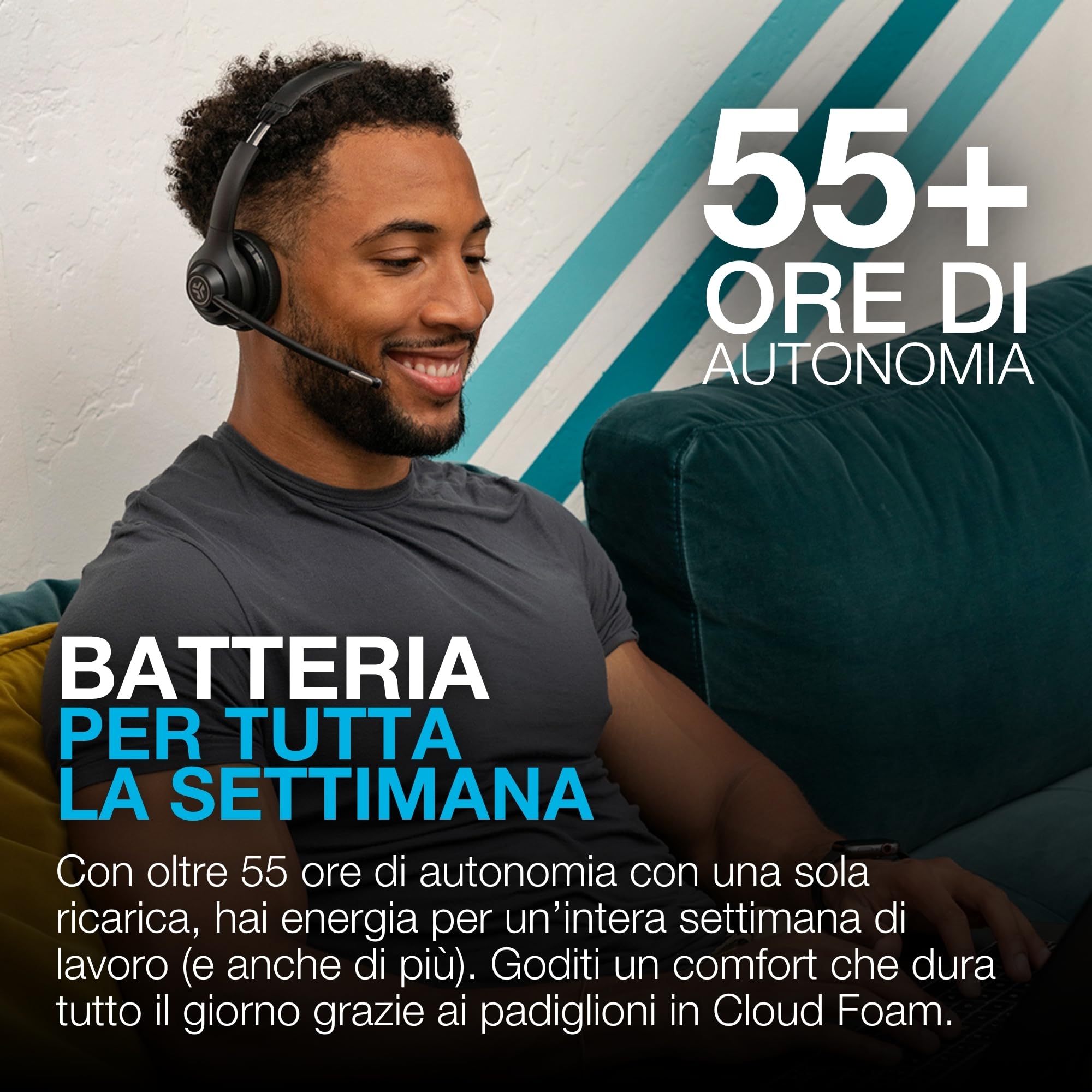 JLab Go Work - Cuffie wireless di seconda generazione con microfono – 55+ Playtime Bluetooth o USB-C Dongle per PC, connessione multipunto a computer e cellulare, cuffie on-ear cablate o wireless per