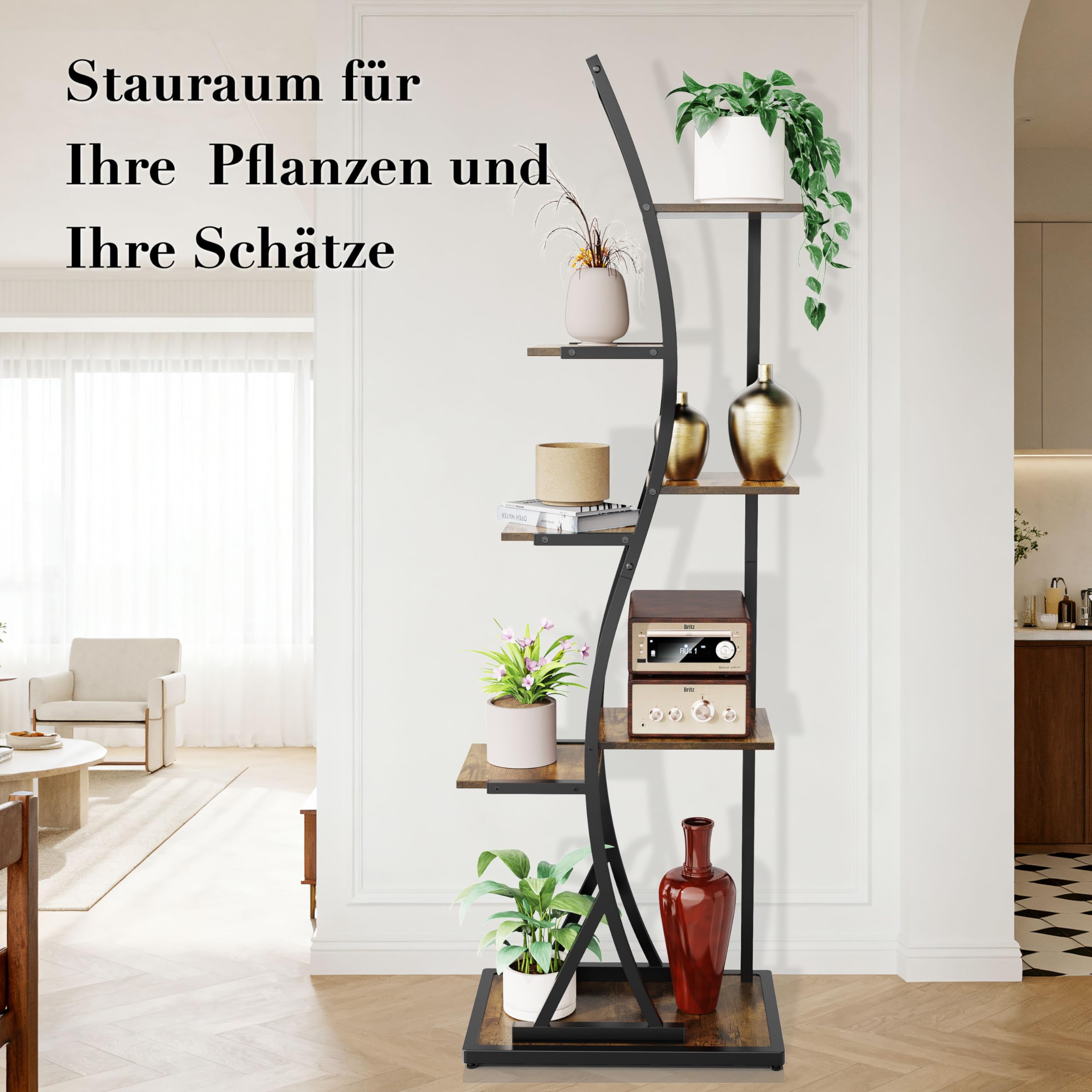 Ribelli 7-stufiger Metall-Pflanzenständer 160cm, Wellenförmiges Pflanzenregal mit Kippschutz, Hoch Blumenständer Pflanzentreppe Blumentopfständer für Balkon Wohnzimmer