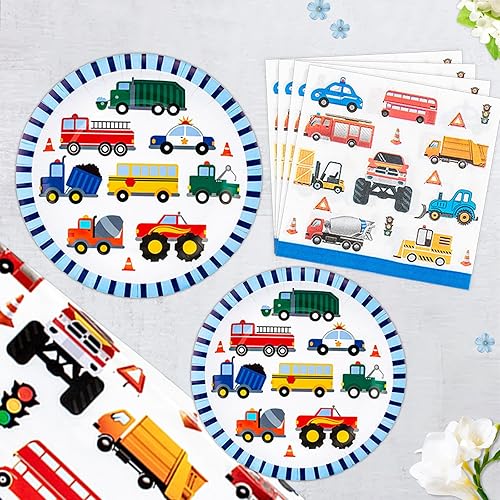 Miniatura 3 de Carros de tráfico, camiones, suministros de fiesta, platos de papel, servilletas, mantel de transporte, juego de vajilla temática de vehículos de