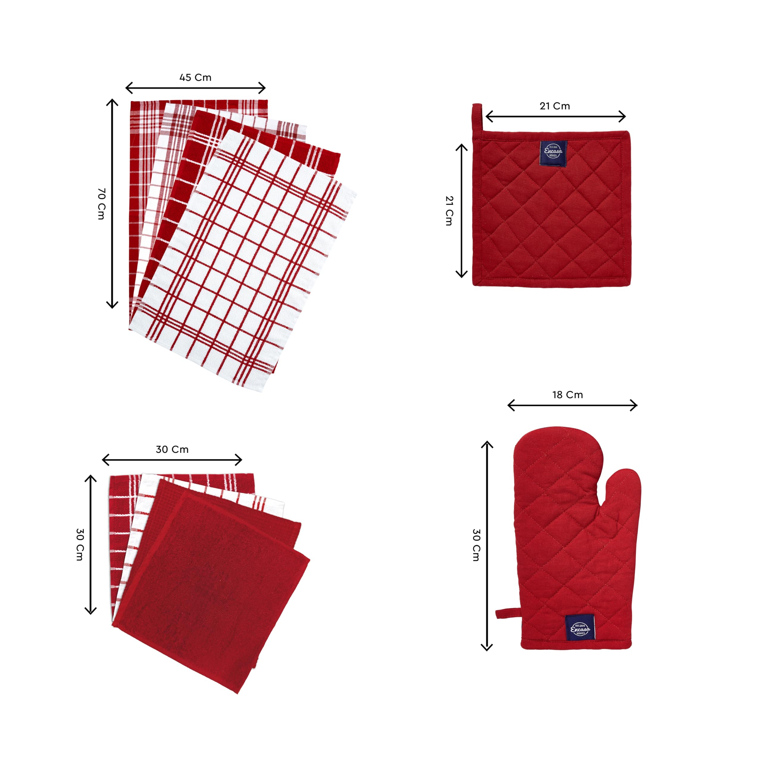 Encasa XO Kitchen and Dish Towels - Oven Mitts - Pot Holder Set of 12 Pc - Pure Cotton - Dishcloths Red Combo - Image 3