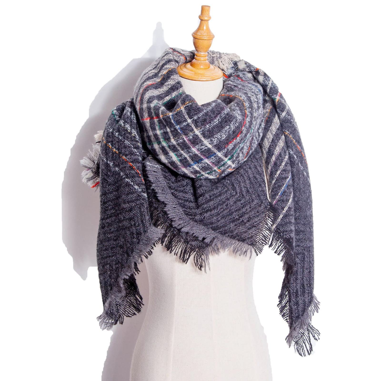 Écharpe d'automne et d'hiver pour Femmes, écharpe à Carreaux Classique à Pampilles, Chaude, Douce et épaisse, Grande écharpe en Polaire pour Hommes(Gray-One Size)