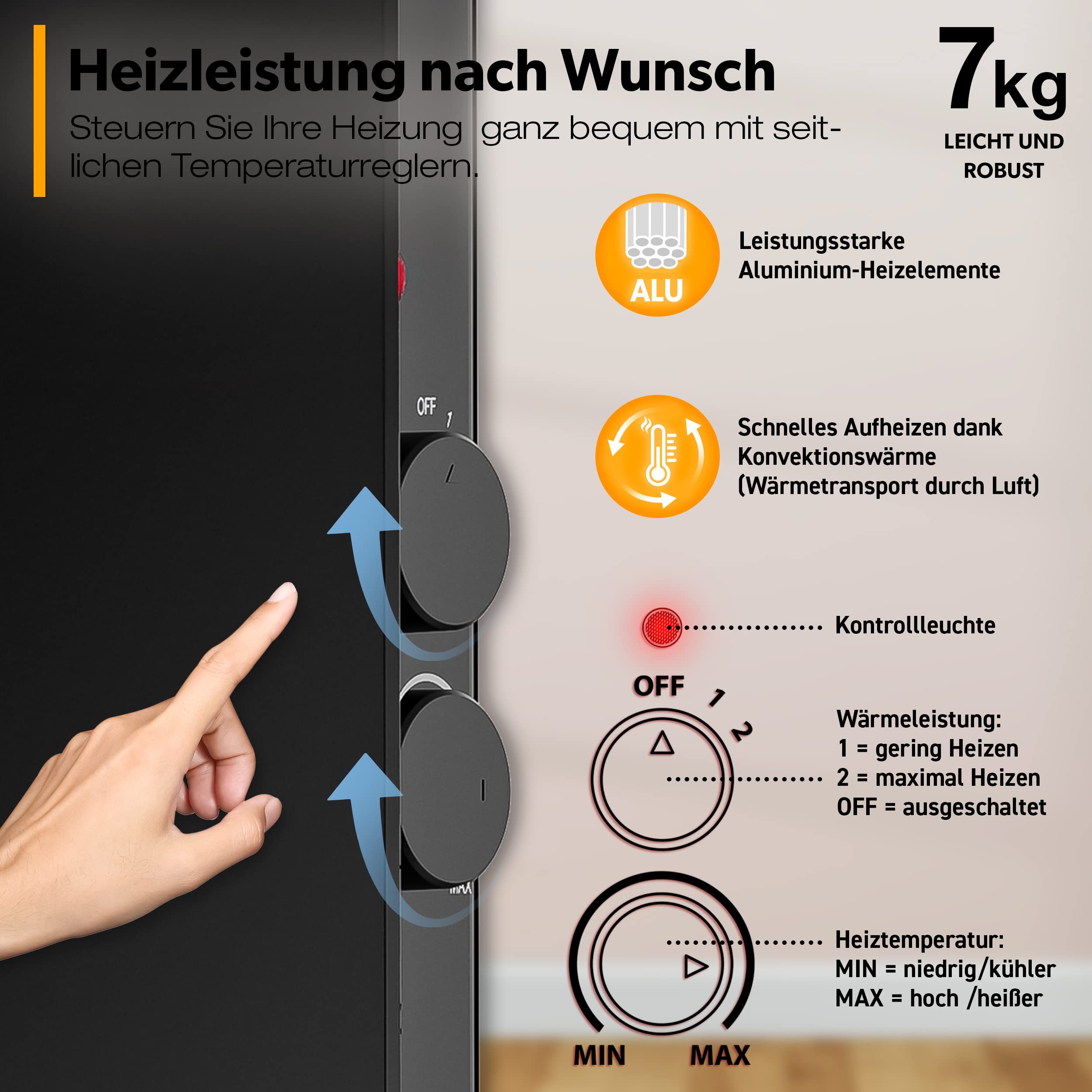 TRESKO® Szklany konwektor elektryczny 1500 W | grzejnik szklany | grzejnik elektryczny | grzejnik elektryczny do ogrzewania stojącego lub ściennego