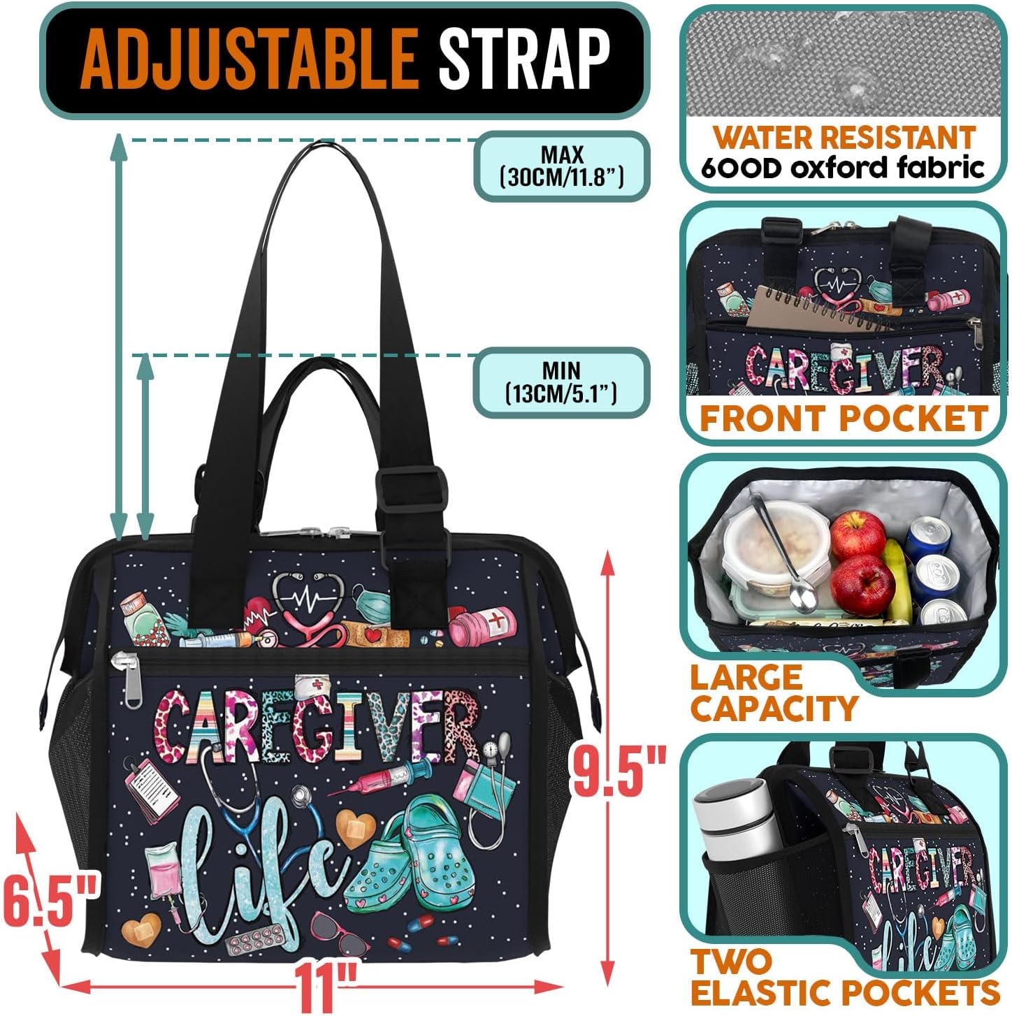 84hoods Large Lunch Bag for Women. Nurse Gift for Medical Staff. Insulated Lunch Box for Work Office Travel Picnic with Adjustable Strap. Caregiver Life. - Image 2