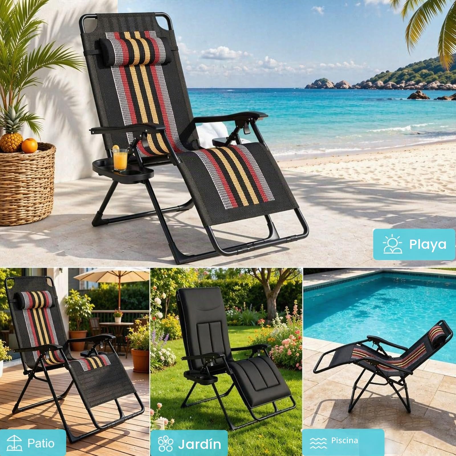Tumbona Plegable hasta 200 kg, Tumbona Ajustable con cojín Cervical y Soporte para Bebidas, Tumbona ergonómica para jardín, balcón y Playa (Negro)