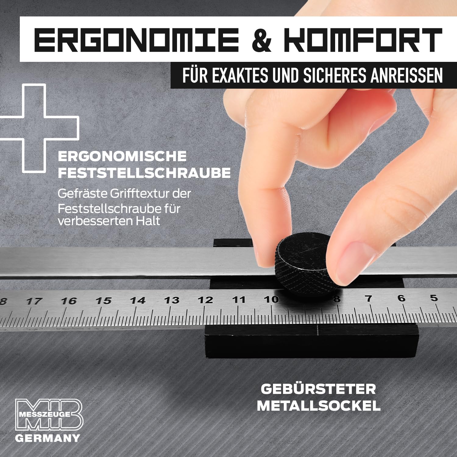 MIB Streichmaß aus rostfreiem Stahl 200 mm, DIN 9001 | Anreißwerkzeug für Tischler & Handwerker | Maßstab Lineal | Ergonomische Feststellschraube | Skala matt verchromt & lasergraviert