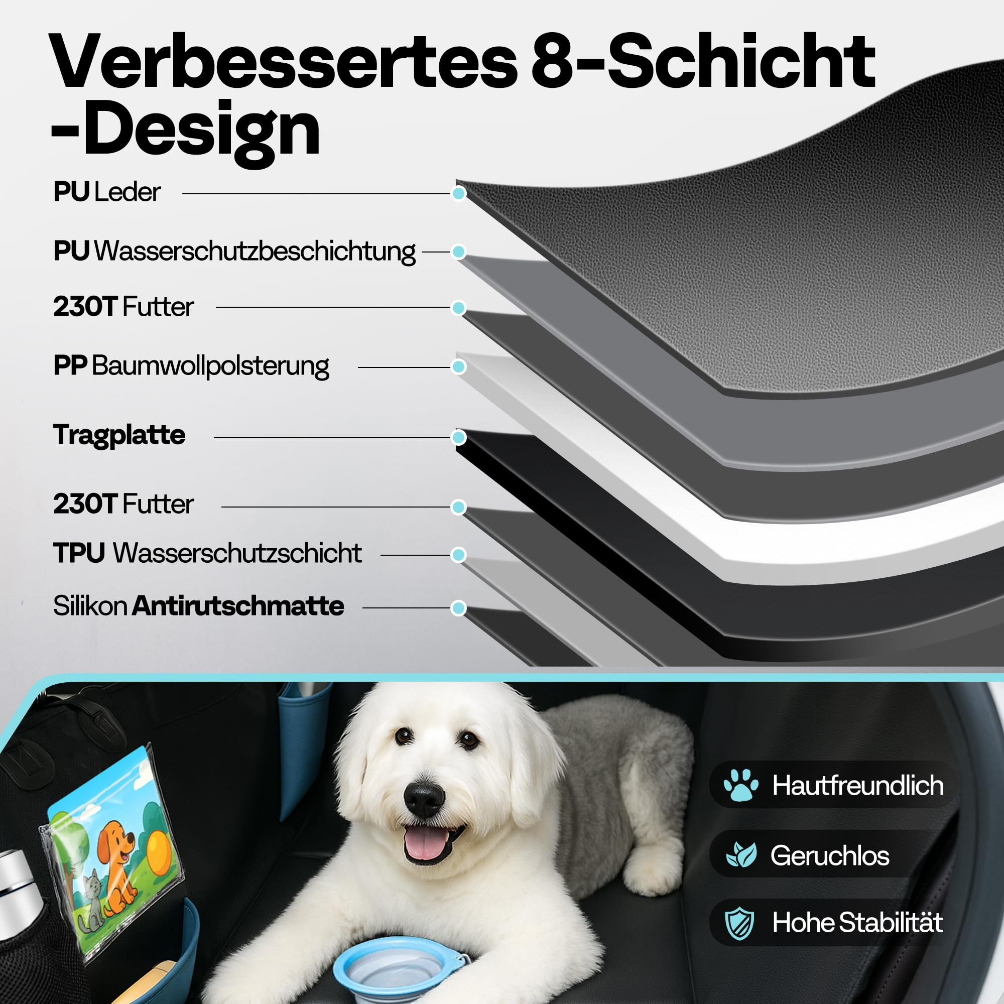 Hundedecke für Auto Rückbank Hundesitzbezug mit Harter Unterseite inkl. Seitenschutz und Sichtfenster verbreitert wasserdicht und Kratzfest im SUV und Kleinlaster
