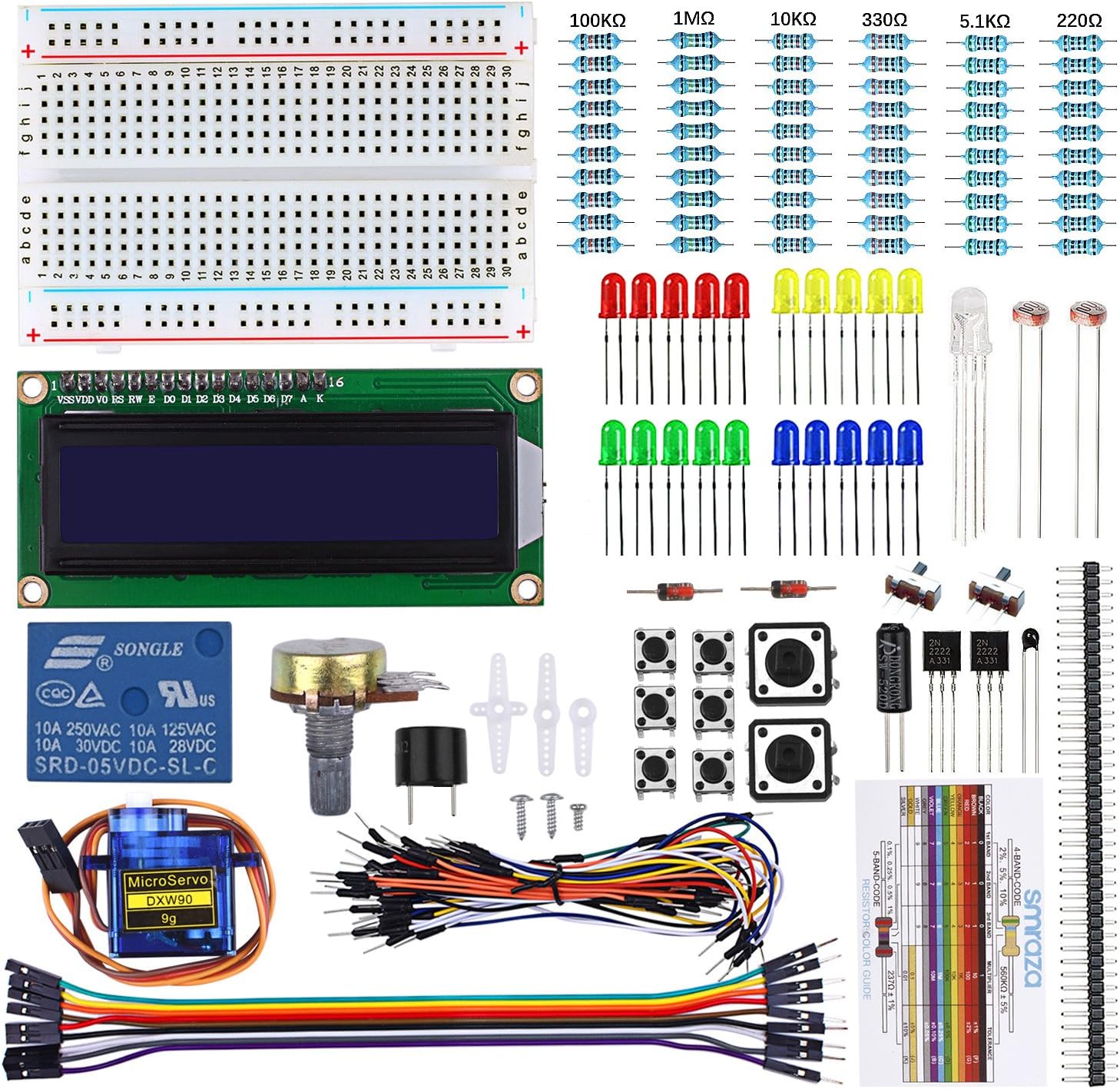 Smraza Basic Starter Kit with Breadboard,Power Supply,Jumper Wires,Resistors,Kit for Arduino UNO R3,Mega2560,Nano,Raspberry Pi (LCD 1602 kit)