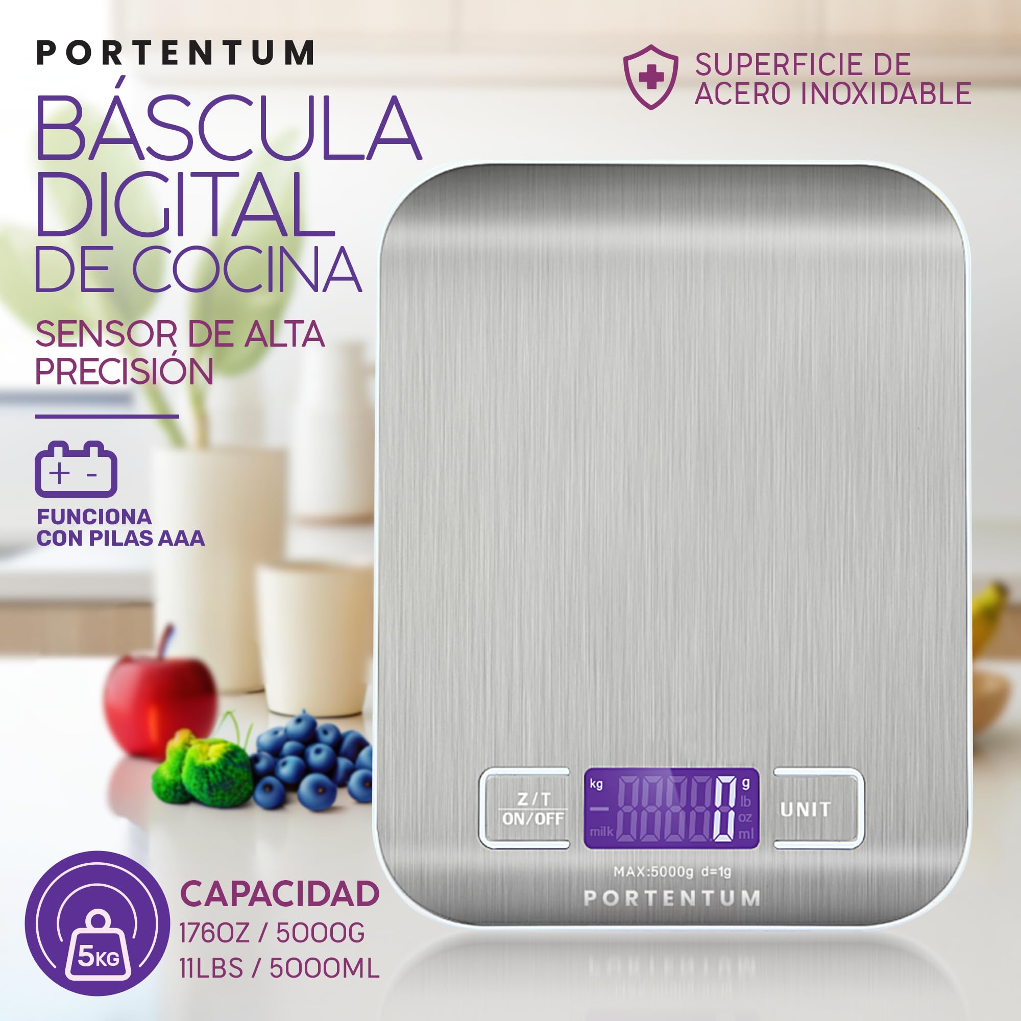 PORTENTUM Peso de Cocina con Pantalla LCD, Acero Inoxidable, Balanza cocina precisa de 1 gramo a 5 kg/11 lbs, Plata
