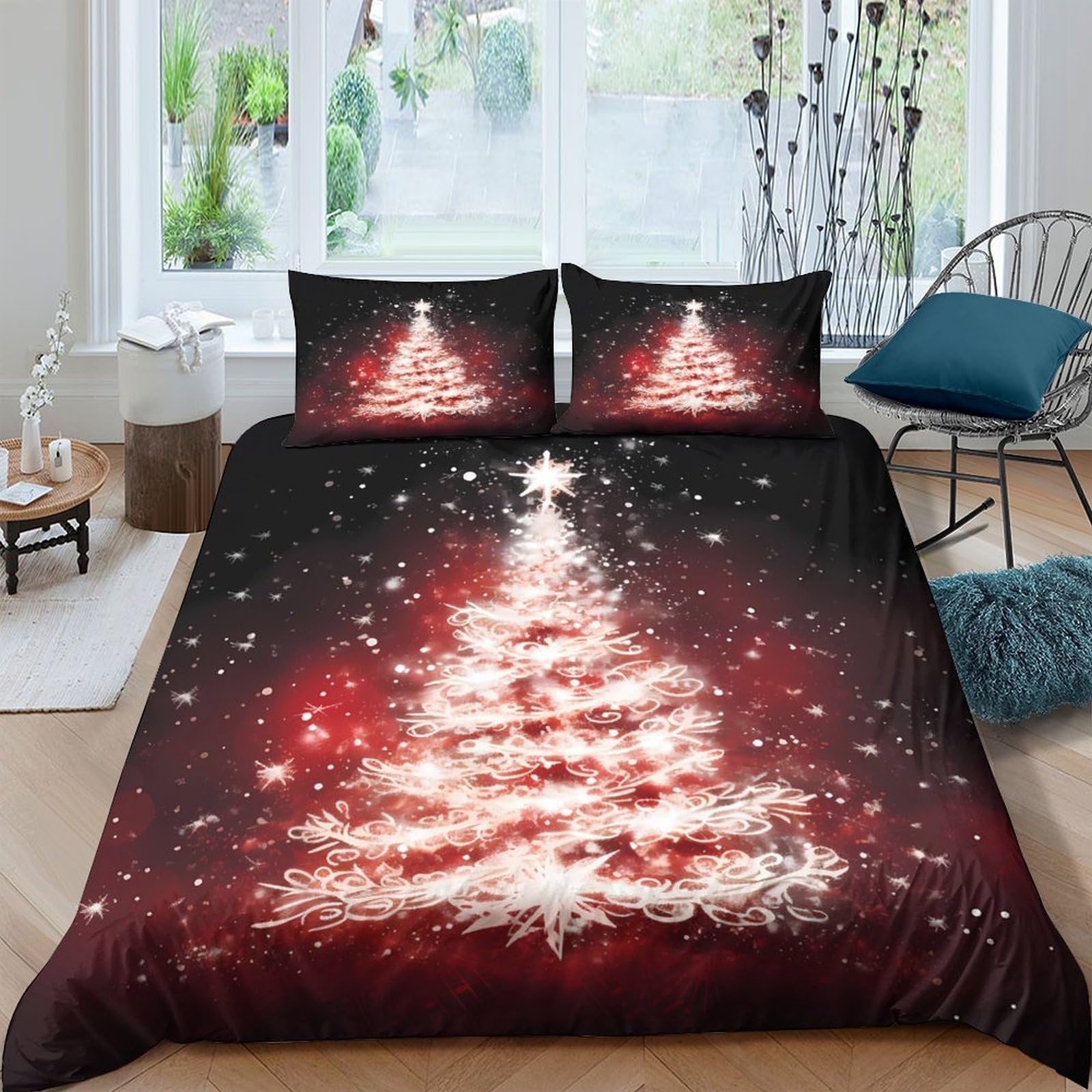 GPLZQXKJNH 3D Printed Christmas Tree Duvet Cover Microfiber Red Snowflake Bedding Set with 2 Pillowcases for Bedroom Decor Single（135x200cm）