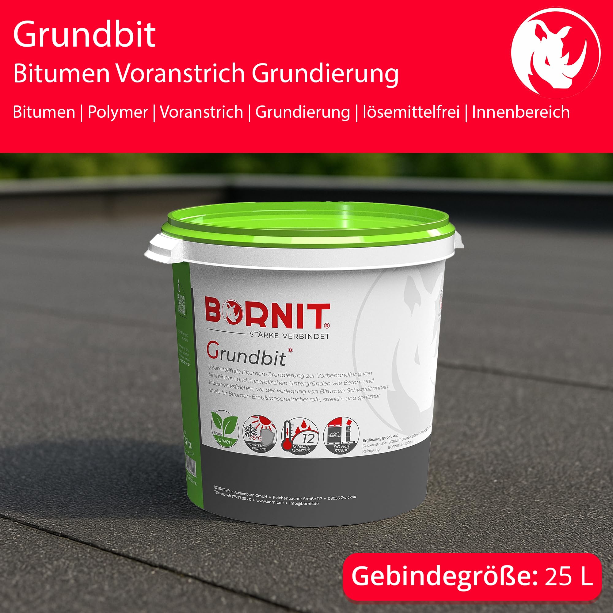 BORNIT Grundbit Grundierung Primer Bitumen Voranstrich [QNG-Konform] 25L | Innen Außen lösemittelfrei Haus Carport Vordach Balkon Tiefengrund Dachpappe Haftgrund Bitumen Dichtmasse Garage Gartenhaus