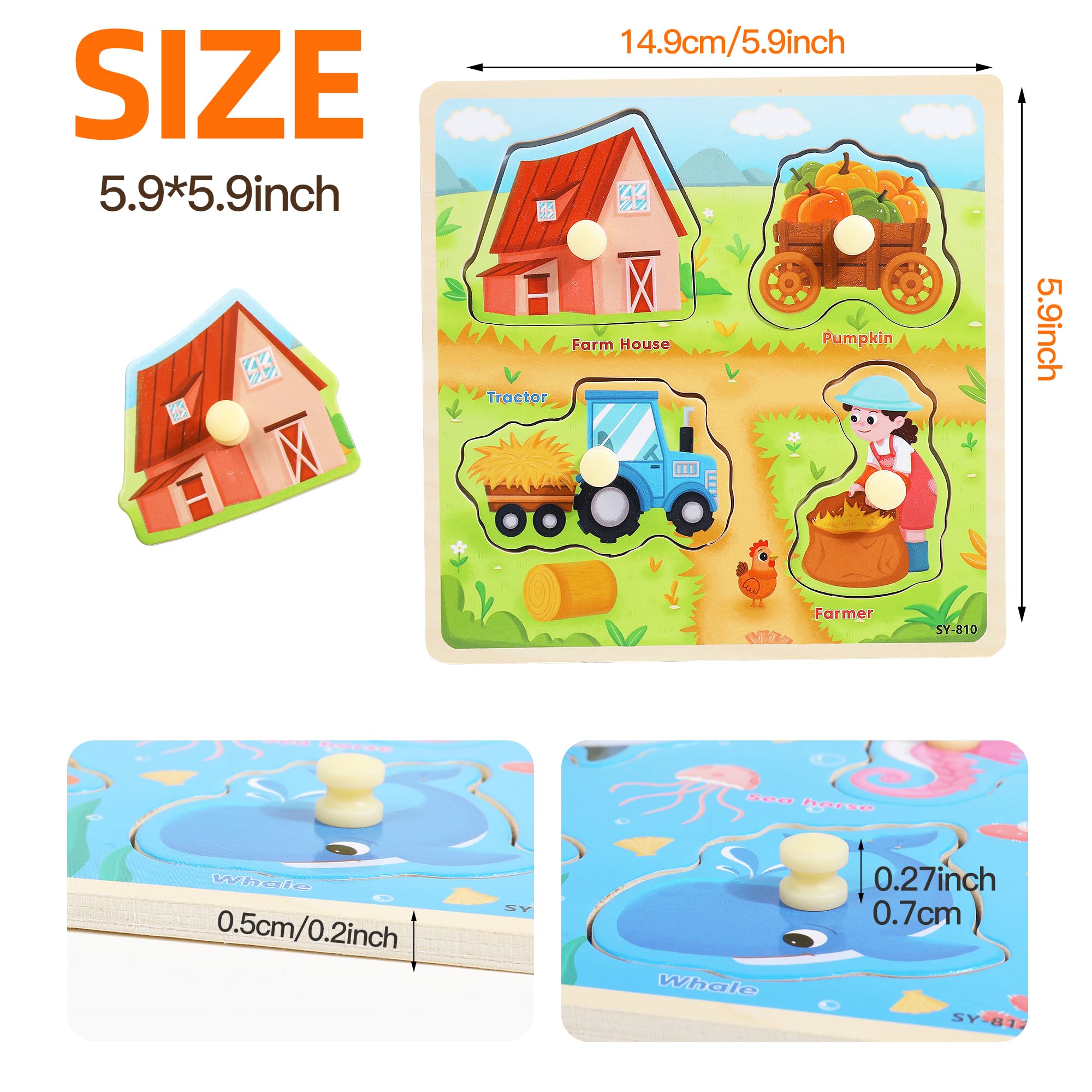 Holzpuzzle Kinder Montessori Spielzeug, Holzspielzeug Steckpuzzle Kinderspielzeug ab 3 Jahre, Lernspiele Puzzle - Dinosaurier, Bauernhof, Bauernhof-Tiere, Meerestiere, Obst, Jungen Mädchen Geschenke