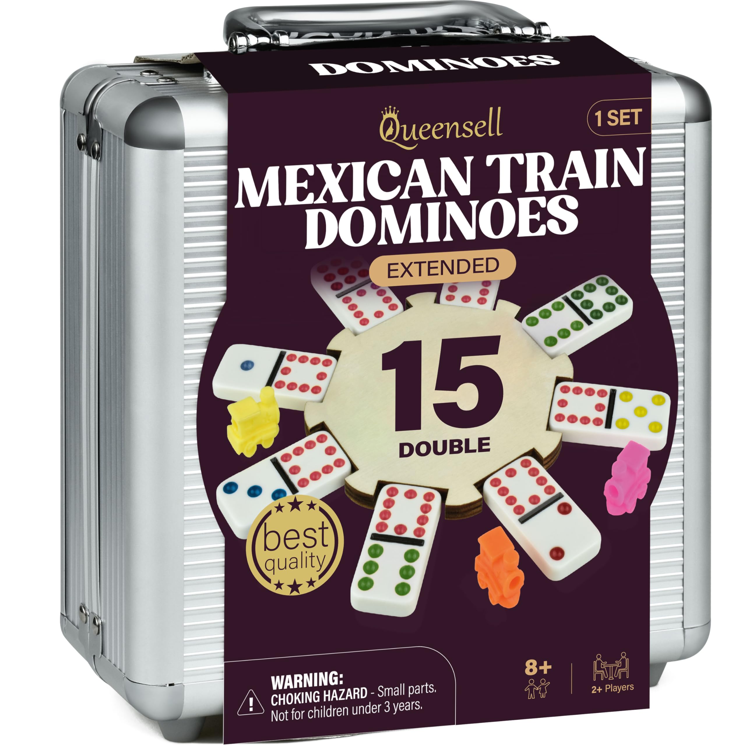 Queensell Mexican Train Dominoes Set Double 15 for Adults and Family, Mexican Train Double 15 Dominoes Set Colored Dot - 136 Tiles, 9 Trains, Wooden Hub, Aluminum Case (Double 15)