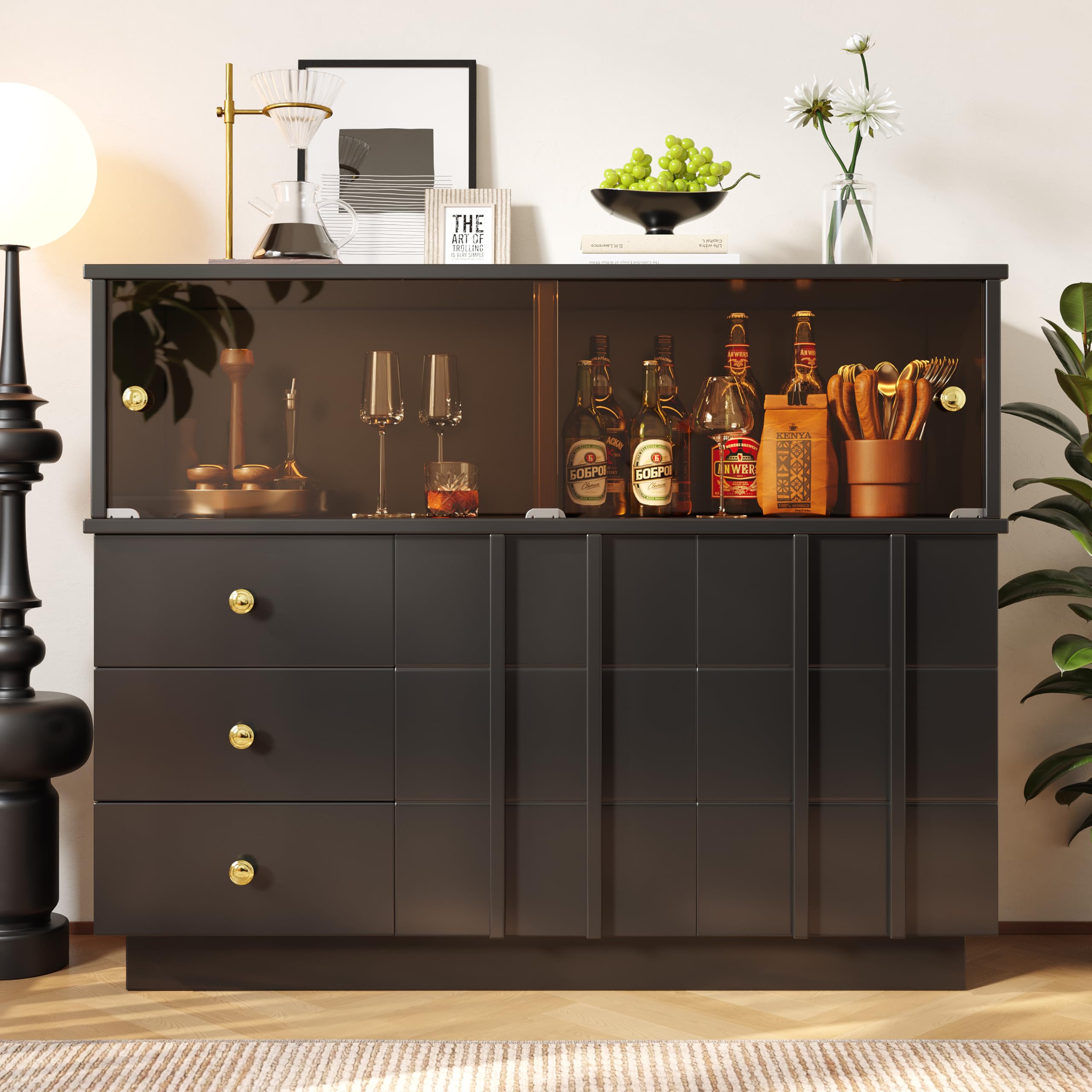 Mobile da cucina, credenza nera con ante fumose in vetro, 120 x 33 x 95 cm, design moderno.