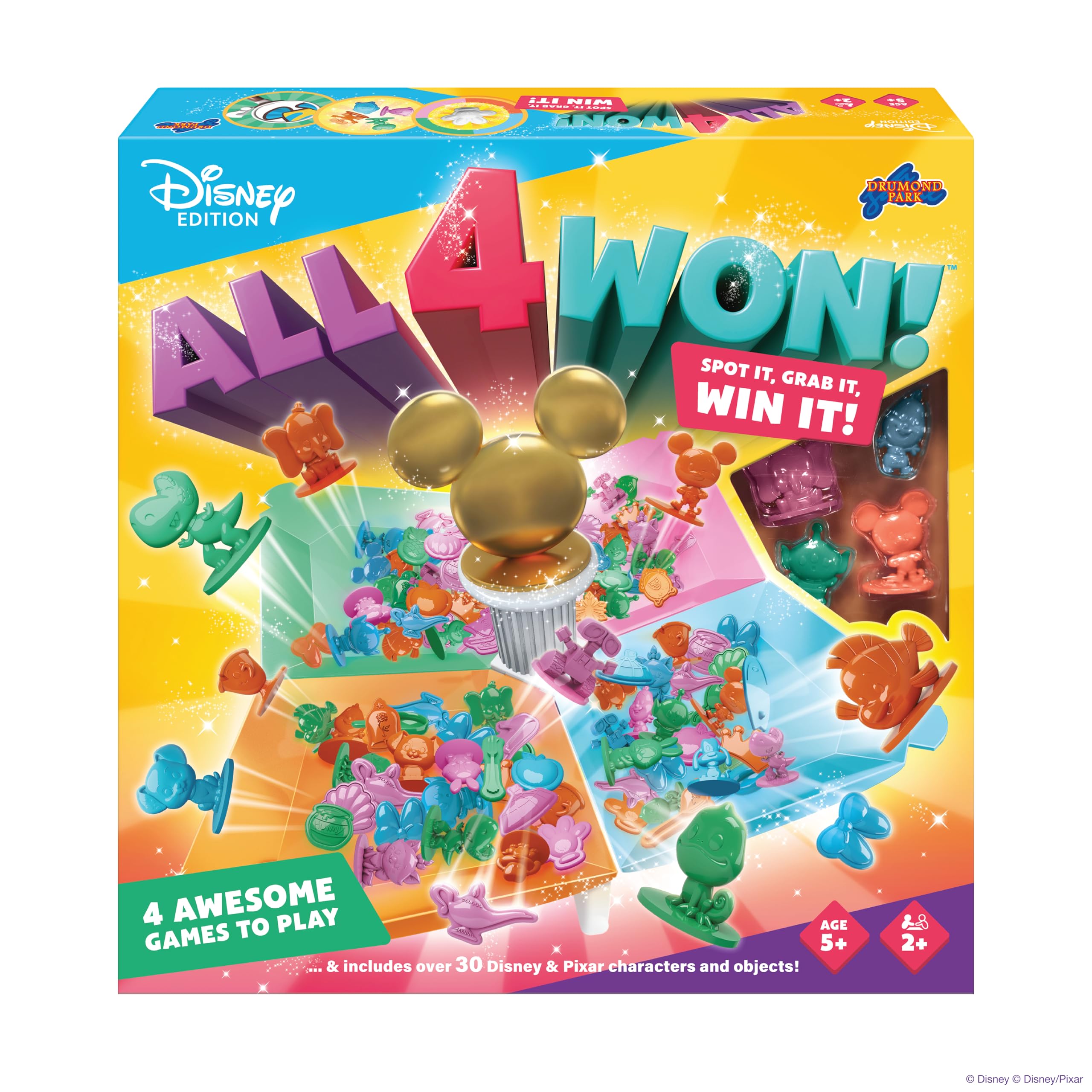 Drumond Park All 4 Won! Disney Family Game, 4-in-1 Fast-Paced Matching & Reflex Game, Spot & Grab Party Game for Kids, Disney & Pixar Characters, Fun Family Board Game for Ages 5+, 2+ Players