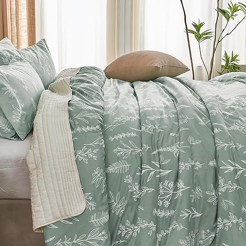 Miniatura 3 de MUXHOMO Juego de funda de edredón tamaño Queen, reversible verde floral con cierre de cremallera, juego de ropa de cama de microfibra suave de 3