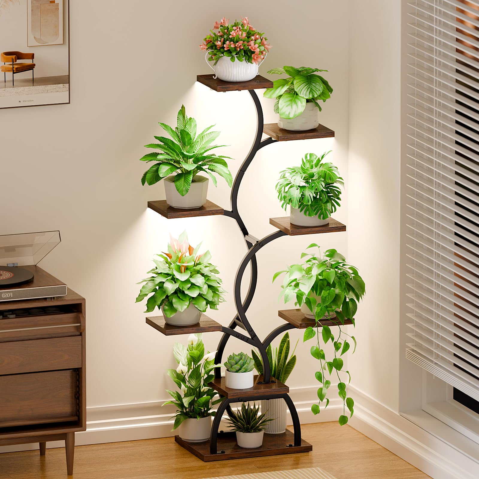 BACEKOLL Soporte para plantas con luz de crecimiento - 8 niveles, soporte para flores de 124 cm, metal y madera, estantería para plantas - Escalera de flores para interior y exterior - Estantería