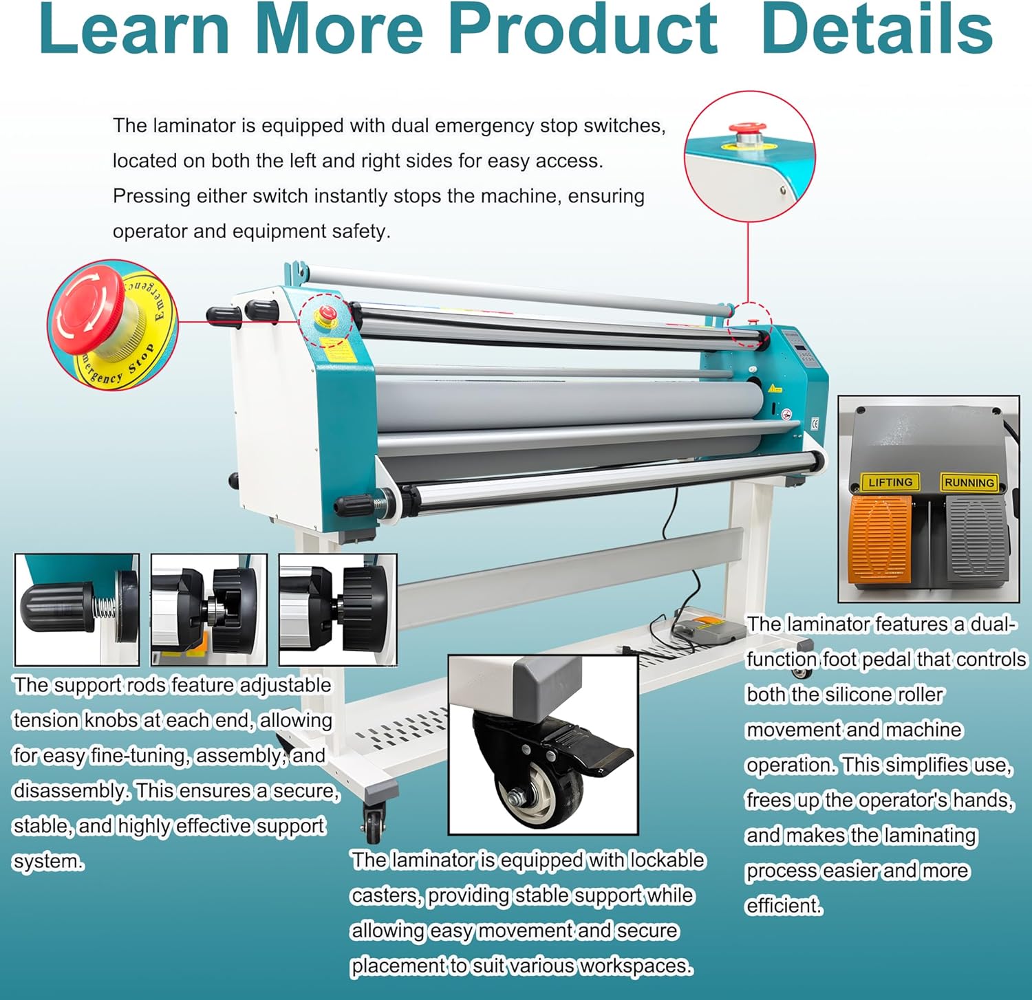 64" Full Automatic Pneumatic Laminating Machine, 110V Single Sided Laminator, 1.38" Max Thickness, Hot & Cold Roll Laminator with Foot Pedal & 4 Cutters, for Advertising, Printing, Packaging