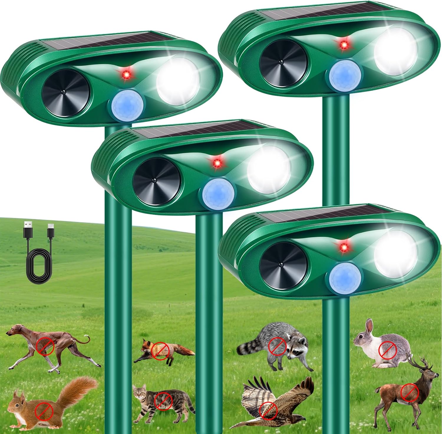 2025 Upgraded Solar Ultrasonic Animal Repeller Outdoor Deer Repellent Devices with Motion Sensor Strobe Light, Animal Deterrent Devices for Cat Squirrel Raccoon Dog Rabbit Skunk for Yard Garden,4 Pack