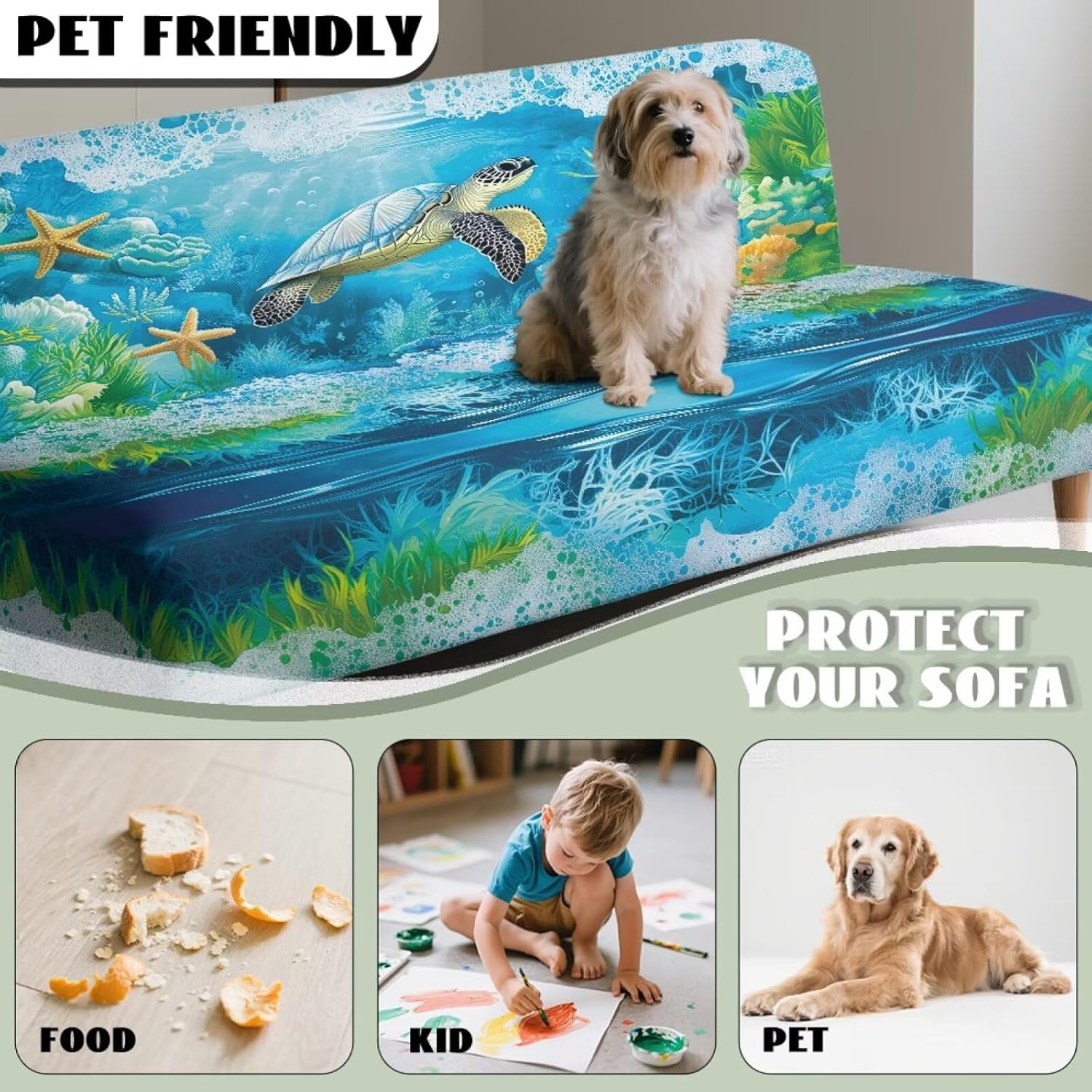 Armless Sofa Slipcover Polyester Spandex Stretch Futon Cover, Dustproof Elastic Couch Cover Furniture Protector Machine Washable for Home, Dorm, Living, Turtle Print